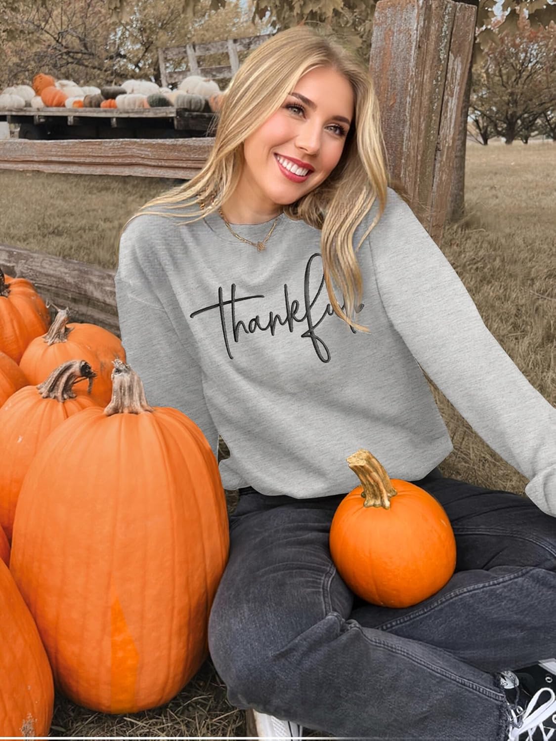 Thanksgiving Sweatshirts for Women Thankful Sweatshirt 2025 Trendy Fall Embroidered Graphic Pullover Top - Image 5