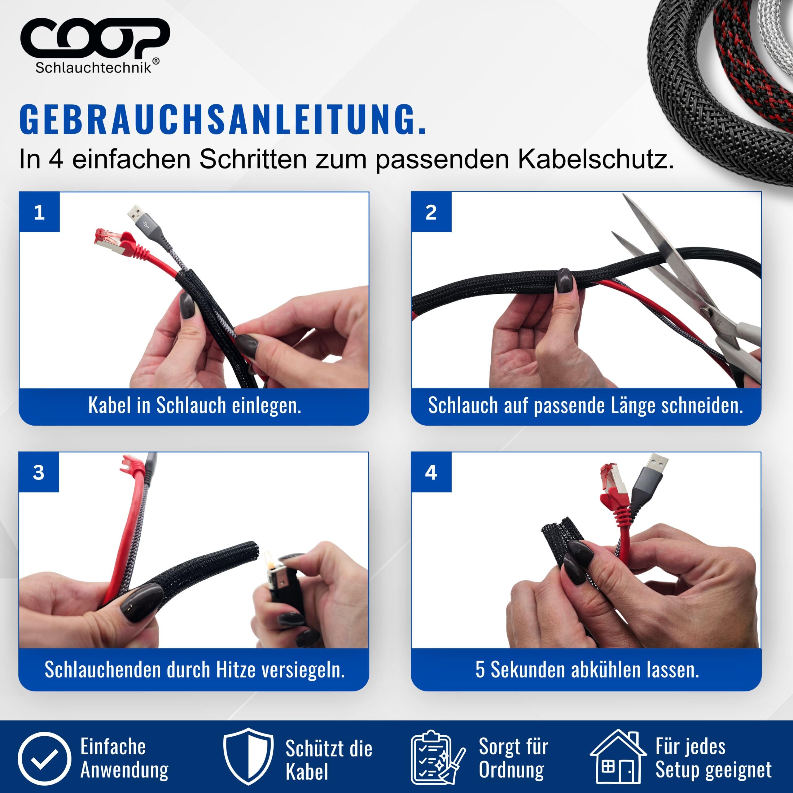 COOP Gaine de câble Ø 32 mm x 8 m Noir – Tuyau en tissu autobloquant – Protection de câble découpable – Goulotte flexible – Gestion des câbles pour TV, ordinateur, home cinéma, véhicule et bureau