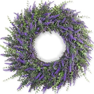 FOTEEWL 26'' Large Artificial Eucalyptus Lavender Wreath for Front Door - All Seasons Farmhouse Porch Wall Decor (Purple)