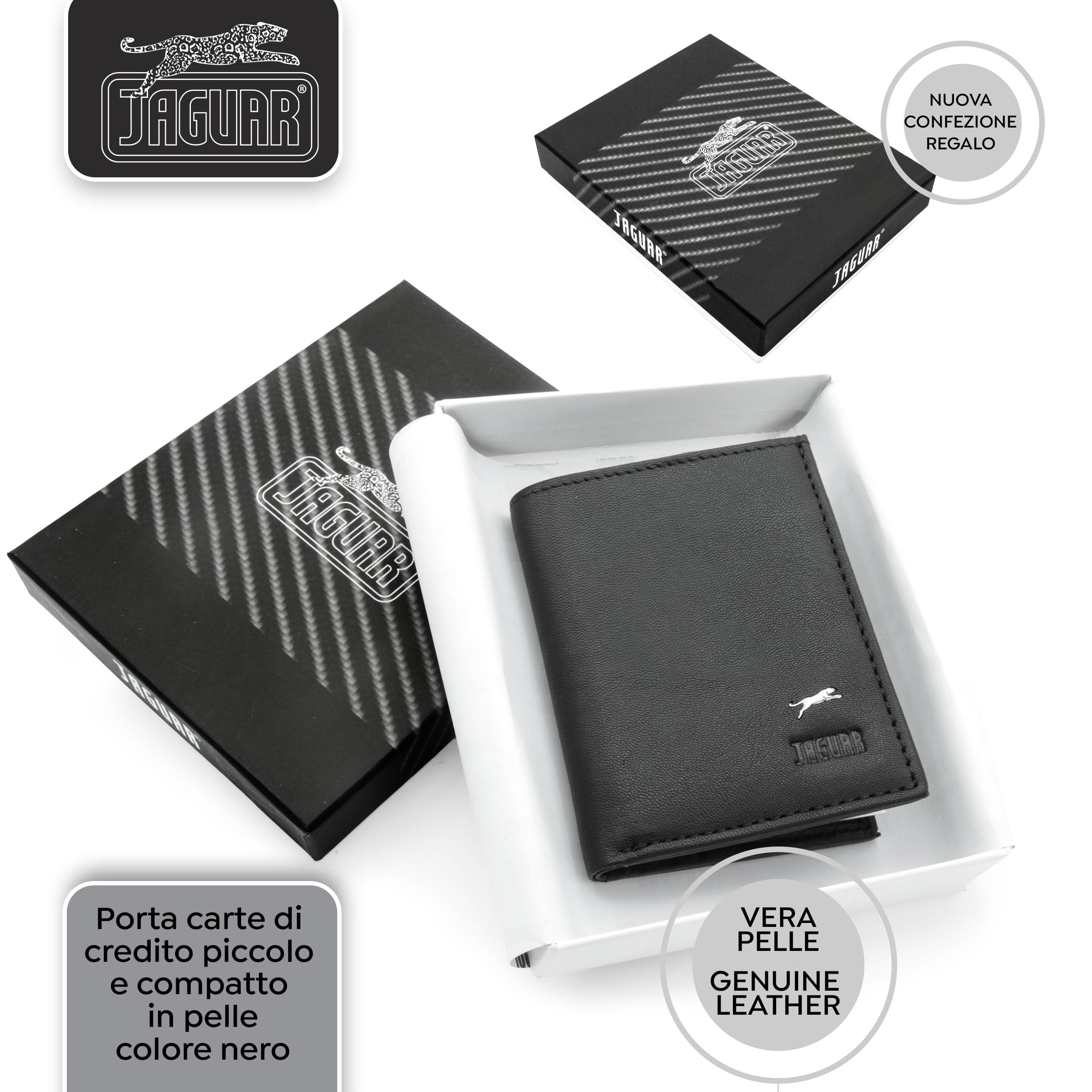 JAGUAR Porta Carte di Credito Uomo in Pelle con Protezione RFID e Logo Distintivo, Portacarte Uomo Portadocumenti Leggero e Comodo, Idea Regalo per Compleanno, Occasioni Speciali (Nero)