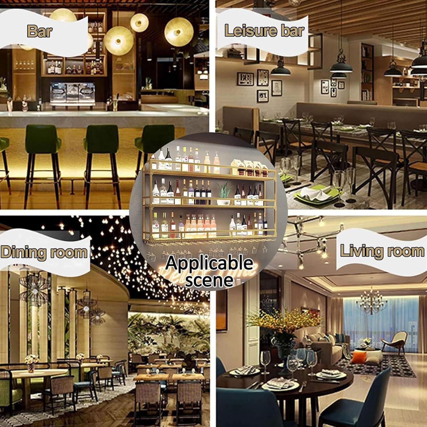 Metal Floating Shelves, LED Wall Mounted Wine Rack, Multi Functional Storage Shelf Wine Storage Display Rack, Bar Unit Floating Shelves for Home, Restaurant, Bars,Gold-100x25x55CM