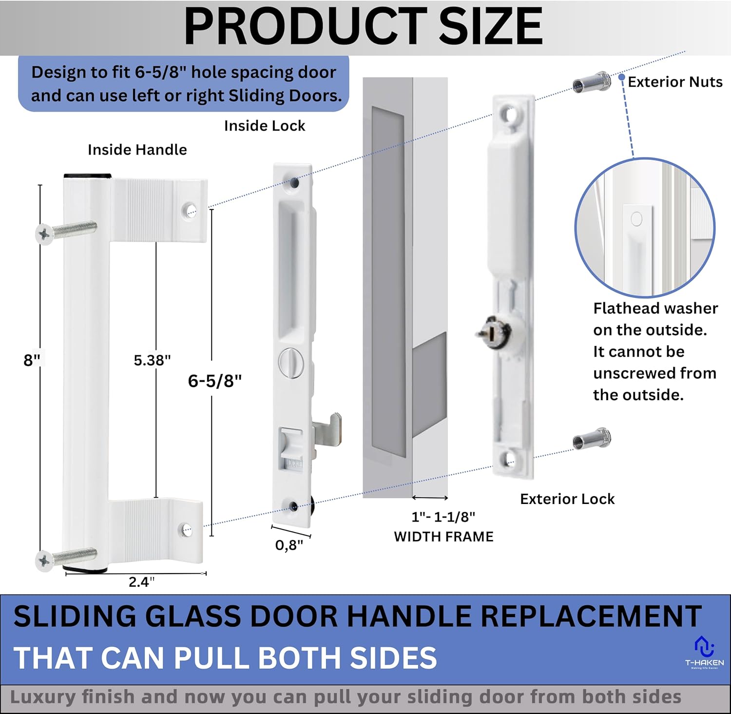 Sliding Glass Door Handle Set with Lock – Aluminum Handle, Fits 6-5/8 in. Hole Spacing (White)