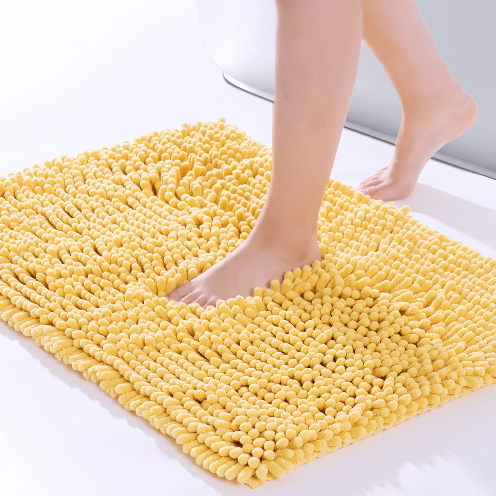ROSMARUSChenille Bath Mat Non-Slip Super Absorbent Bathroom Mat 80X50cm,Washable Soft Fluffy Bathroom Rug,Microfiber Shower Mat Shaggy Rug for Bathroom,Yellow