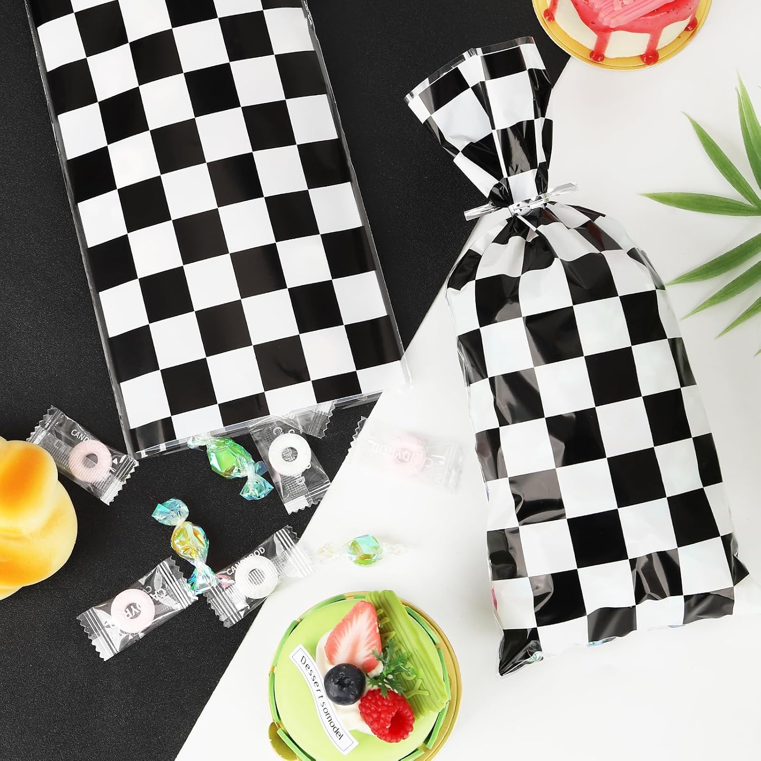 Mikzhskr 30Pcs Race Car Party Favors Bag Black and White Checkered Racing Treat Candy Bag Goodie Bag Soccer Theme Cellophane Bags with 30Pcs Silver Twist Ties for Cars Birthday Party Supplies