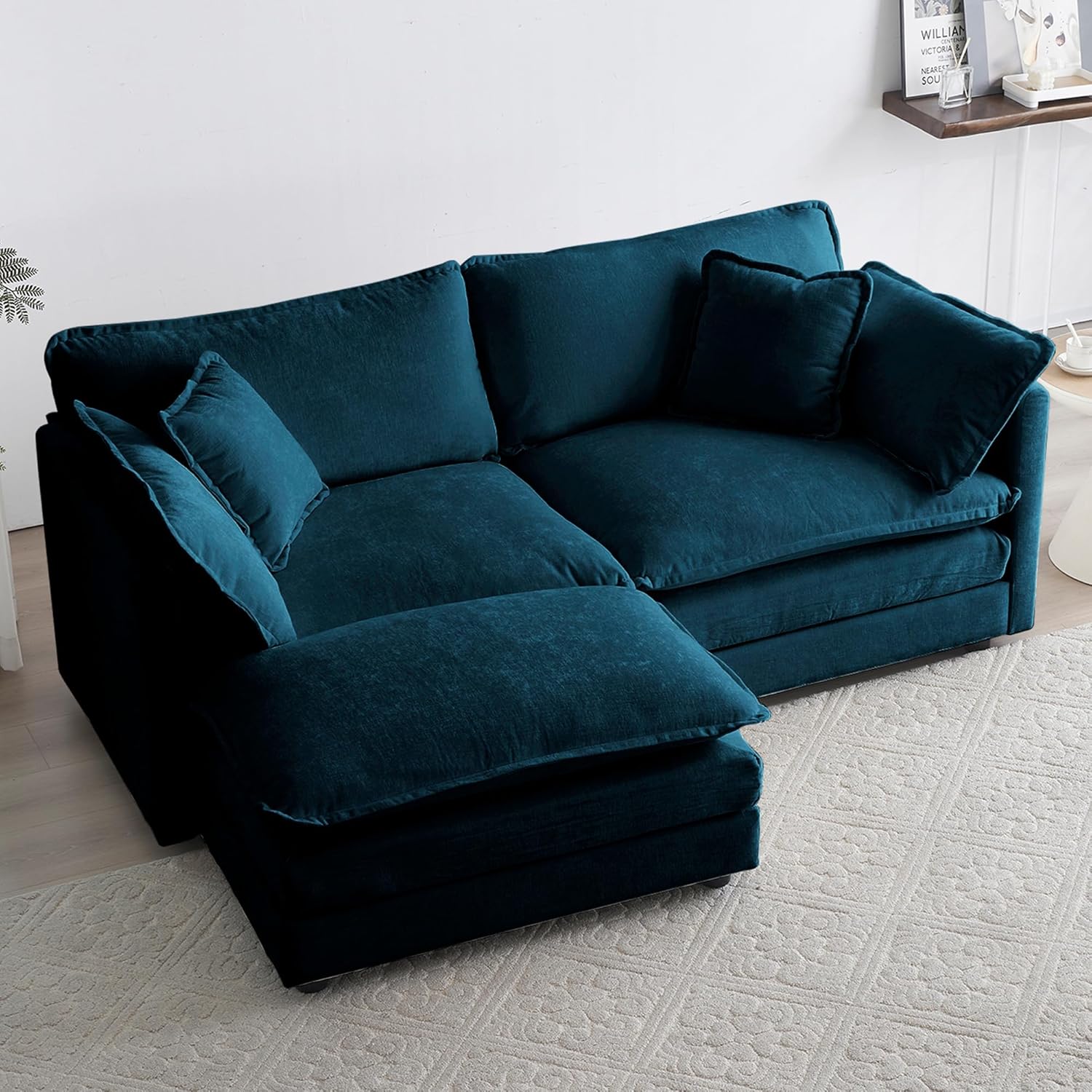 KIVENJAJA Chenille L-Shaped Modular Sectional Sofa, Modern Loveseat Comfy Deep Seat Cloud Couch with Ottoman/Chaise & 4 Pillows for Living Room Office Apartment, 76.7" W, Blue