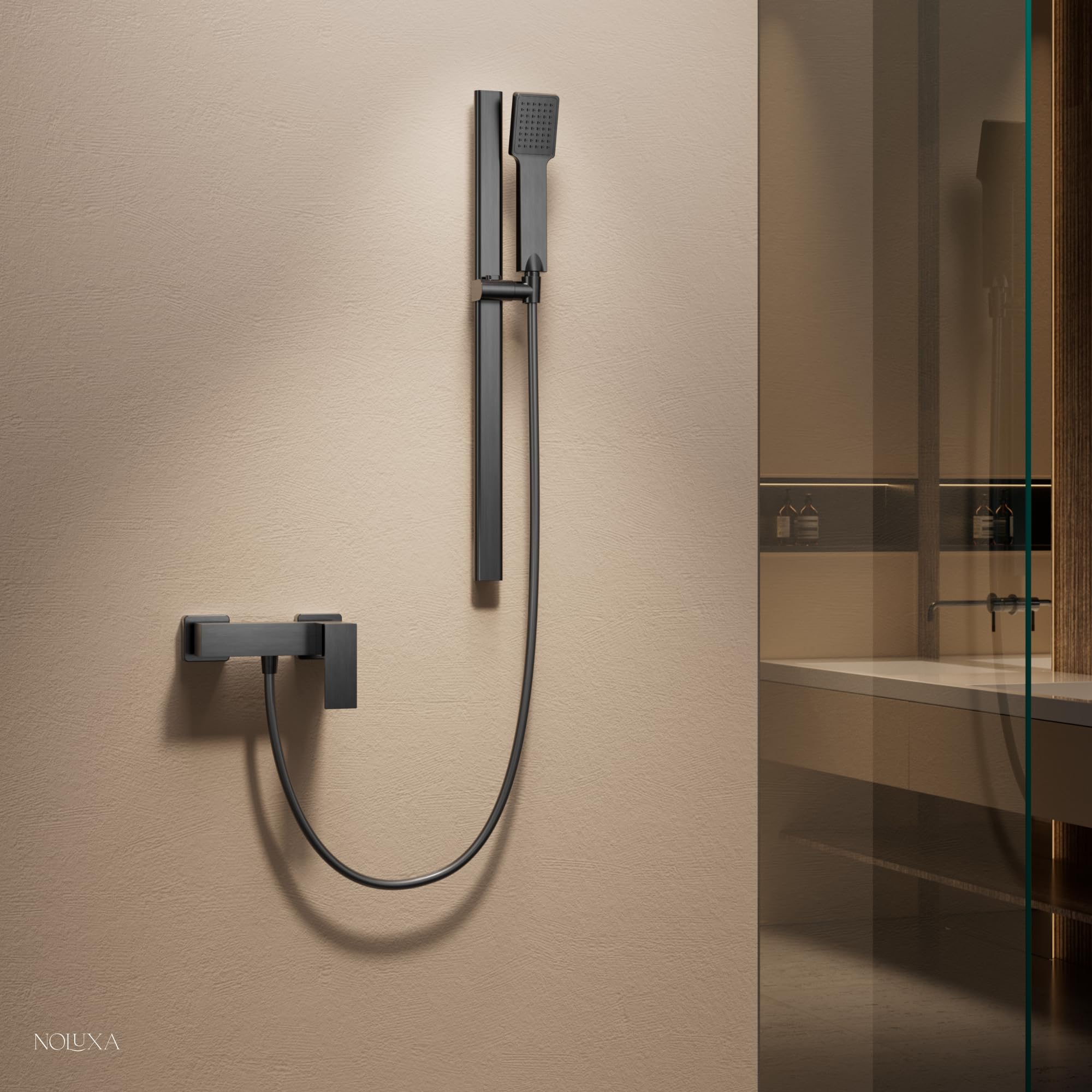 IMEX - Barra de Ducha Pared 65cm Negra | Barra de Acero Inoxidable S.304 Extraplana con Soporte para Alcachofa de Ducha Ajustable | Recambio Original IMEX | Color Black Gun Metal