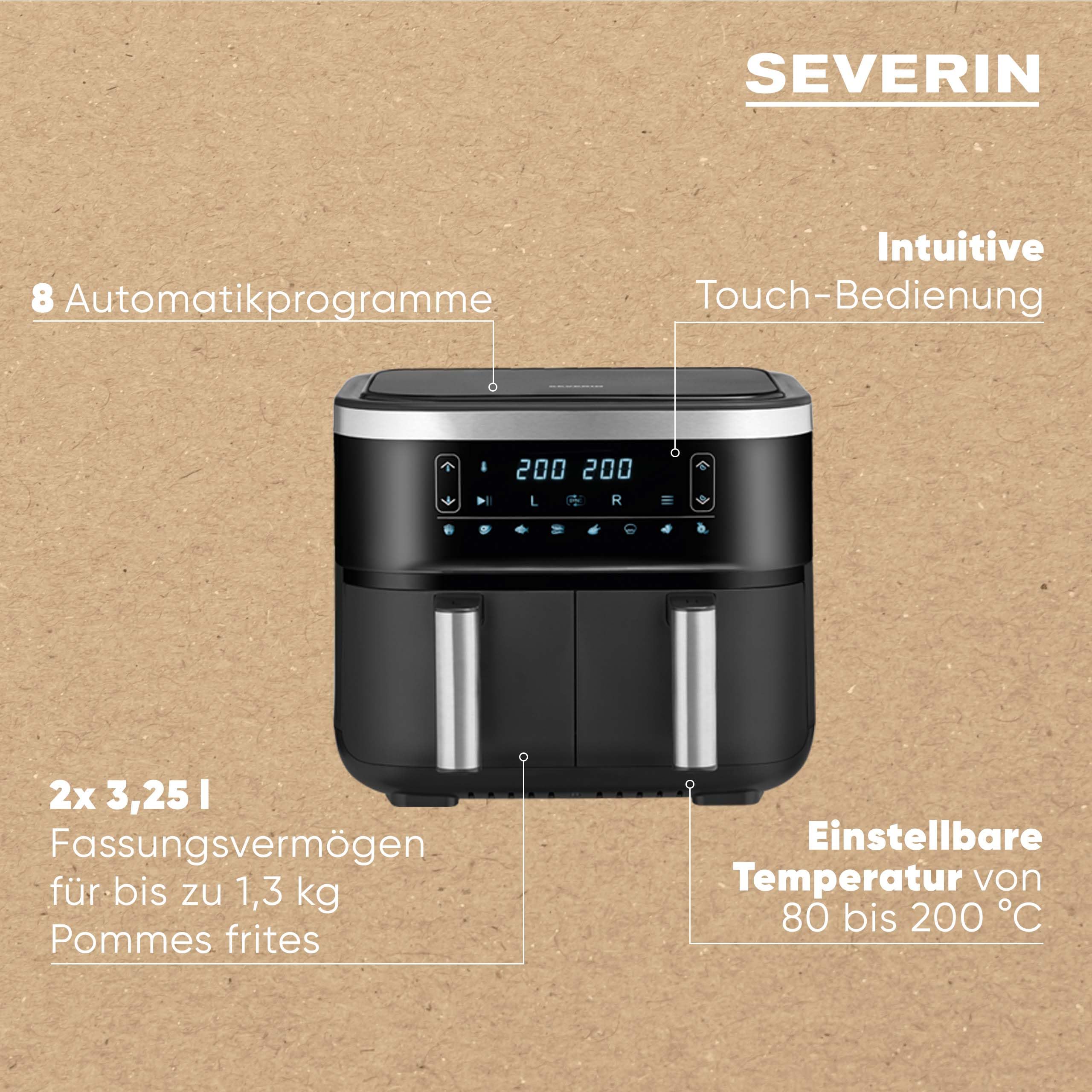SEVERIN Doppel Heißluftfritteuse mit 2 x 3,8 L Garraum, XXL Heißluftfritteuse für gesundes Kochen, 8 Automatik-Programme, Fritteuse ohne Fett mit Dörrfunktion, 2850 W, schwarz/silber, FR 2453