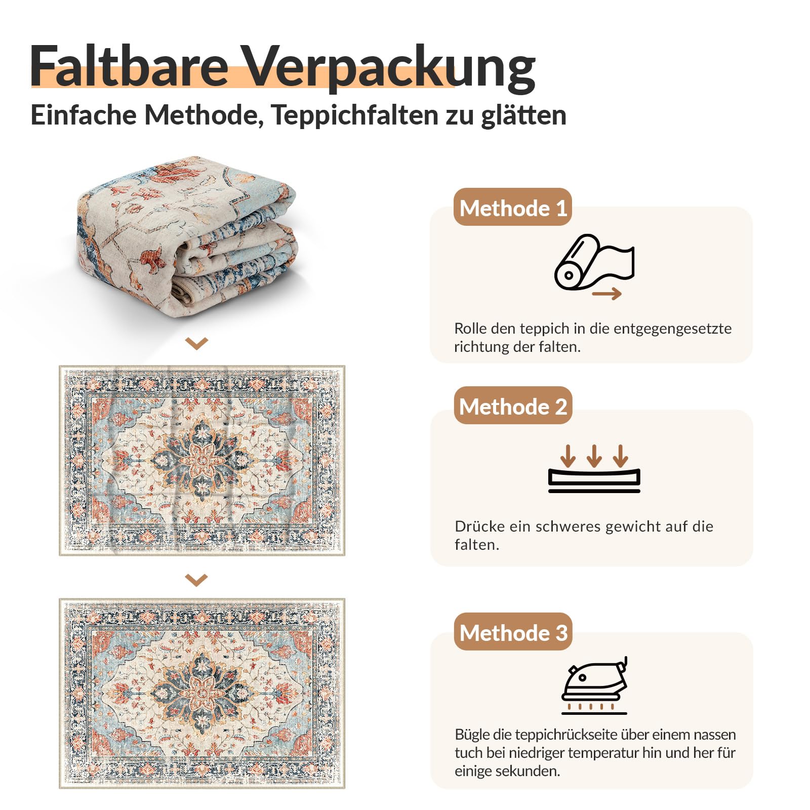 INOVADAY Vintage Waschbarer Teppich Wohnzimmer 90x150 cm Boho Kurzflor rutschfest Teppich Weich Teppiche mit Druckmuster für Schlafzimmer, Esszimmer, Büro Beige/Blau/Orange