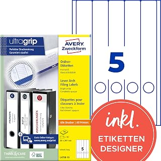 AVERY Zweckform L4758-10 Ordnerrücken Etiketten (50 Rückenschilder mit ultragrip, 38x297mm auf A4, schmal/lang, selbstklebend, absolut blickdicht, bedruckbare Ordneretiketten) 10 Blatt, weiß