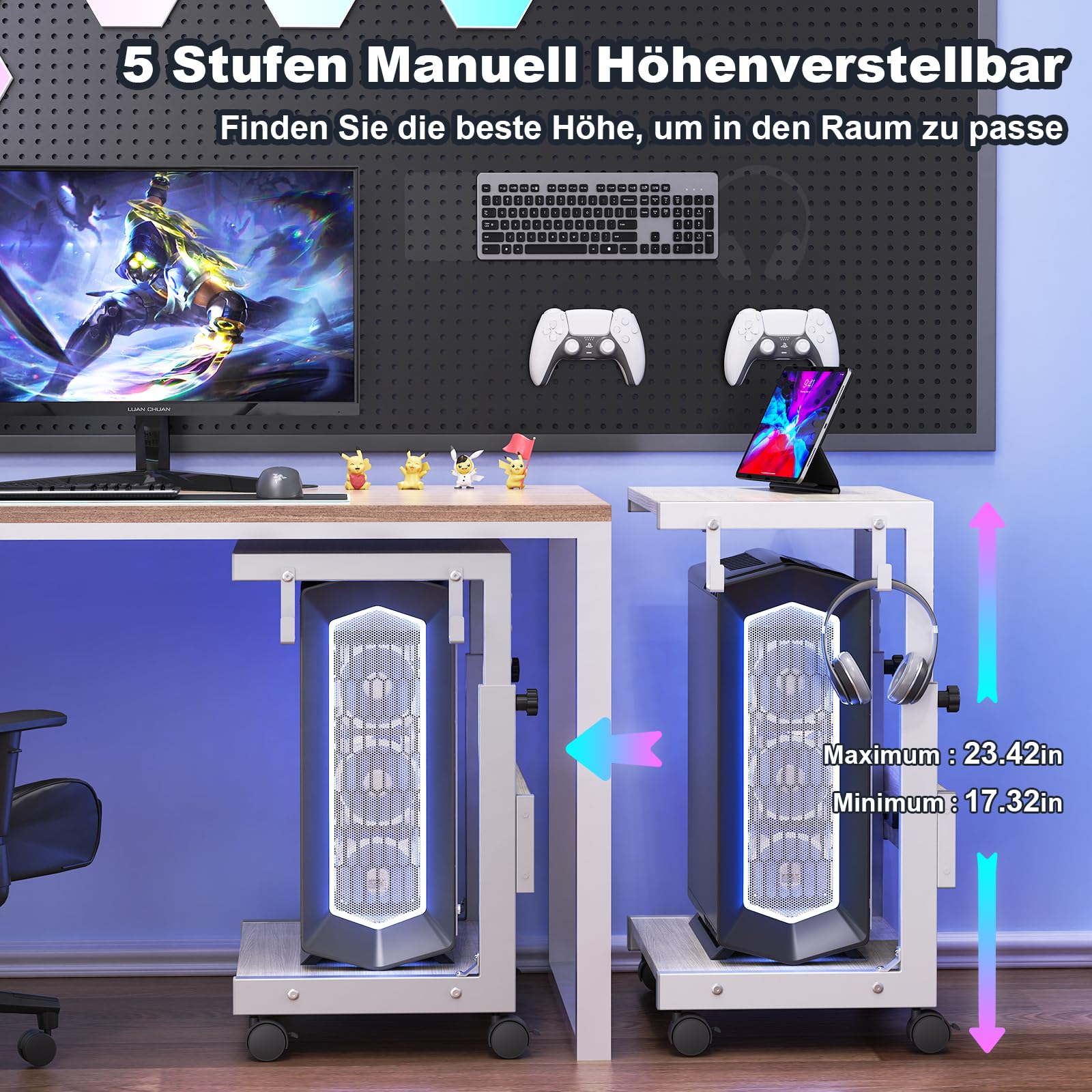 Höhenverstellbarer PC Ständer mit Rollen, 2 Haken, 2-stufig