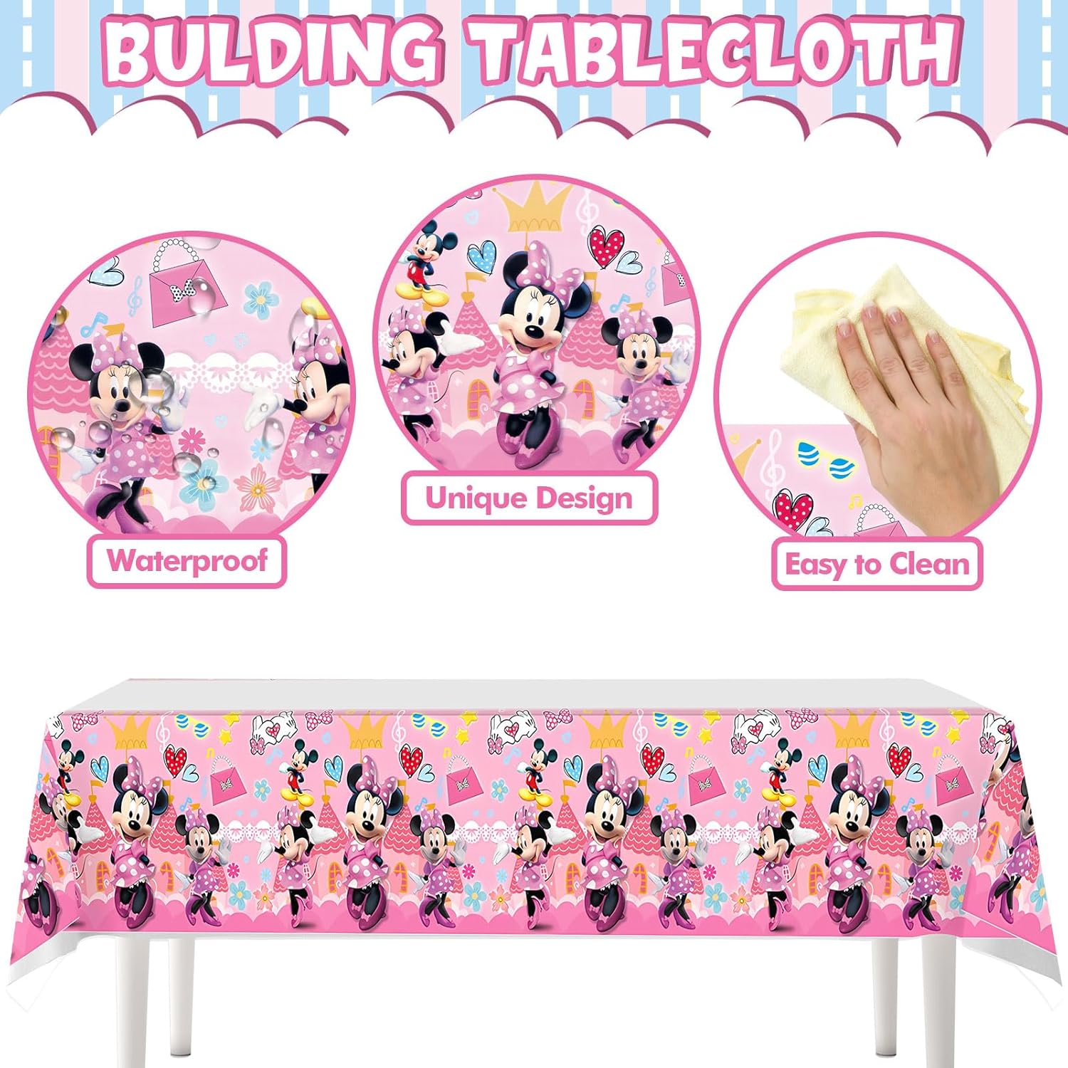 Birthday Party Supplies,Minnie Theme Style Party Decorations Include Happy Birthday Banner,Backdrop,Tablecover,Cake Toppers,Cupcake Toppers,Spiral Charms and Latex Balloons Set - Image 3