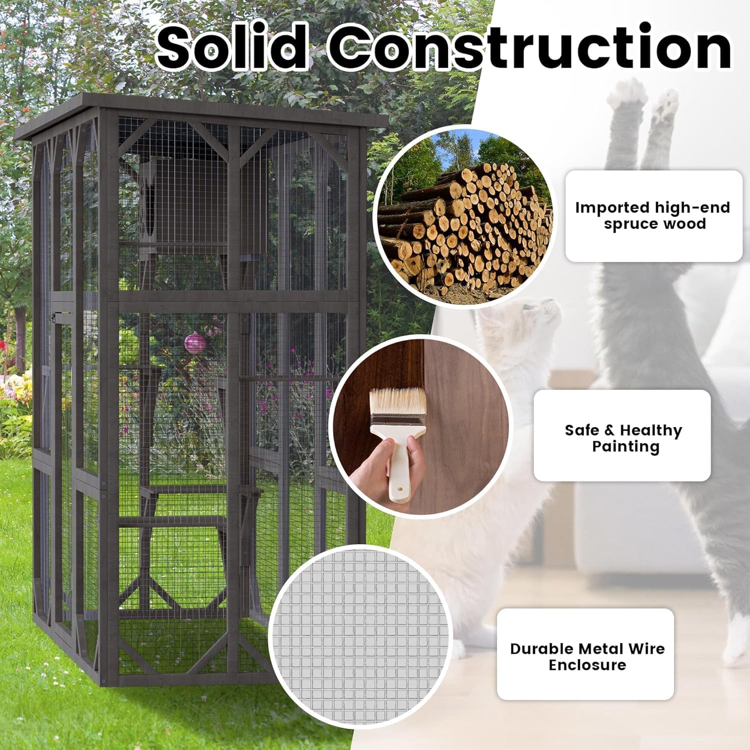 LEISU Cat House Large Outdoor Wooden Cat Cage Cat Enclosure with Weatherproof Large Run, Jumping Platforms for Play Catio Cat Patio with Large Entrance Easy to Clean
