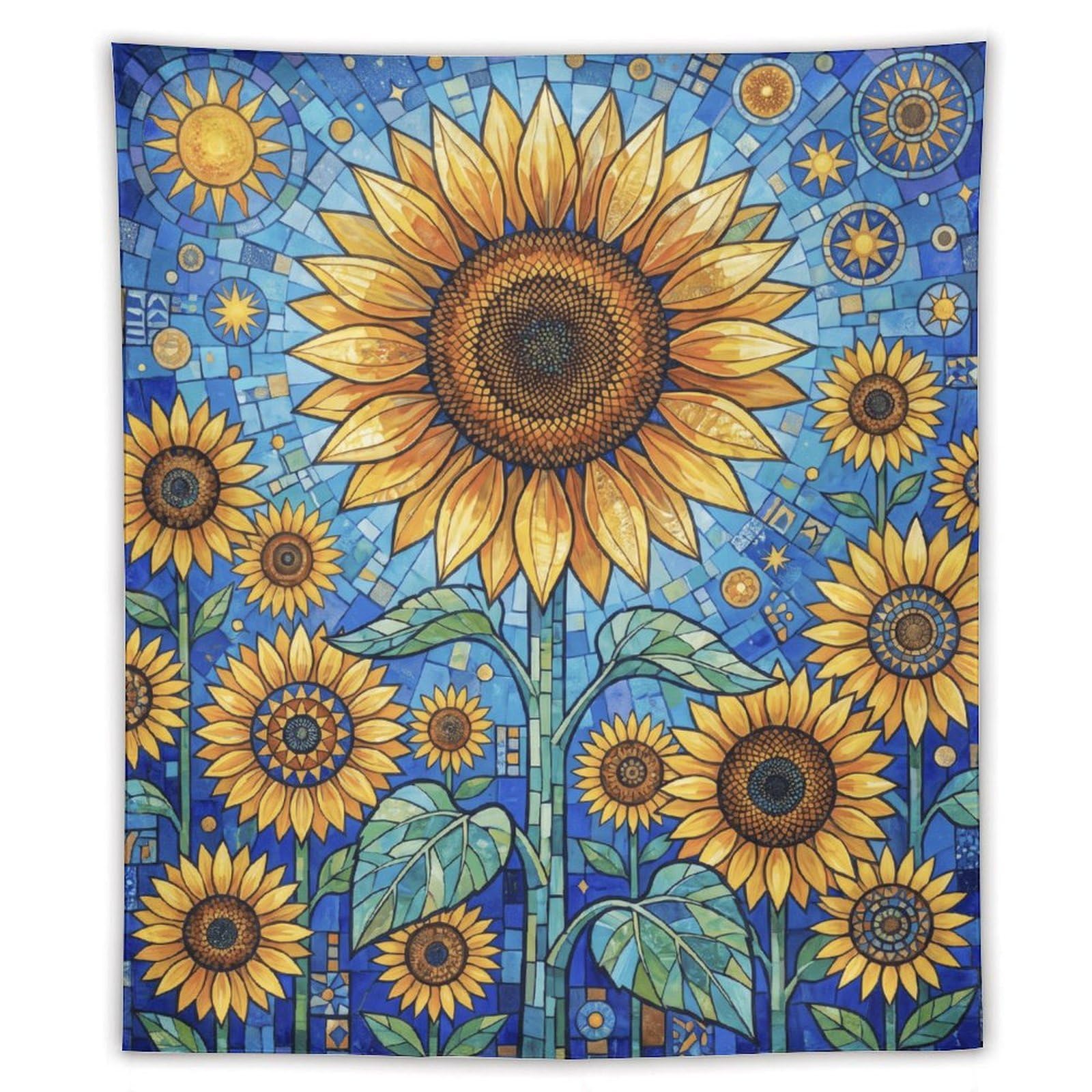 H3B8U2Y5 Sunflower Stained Glass Garden Wall Tapestry, Mosaic Style