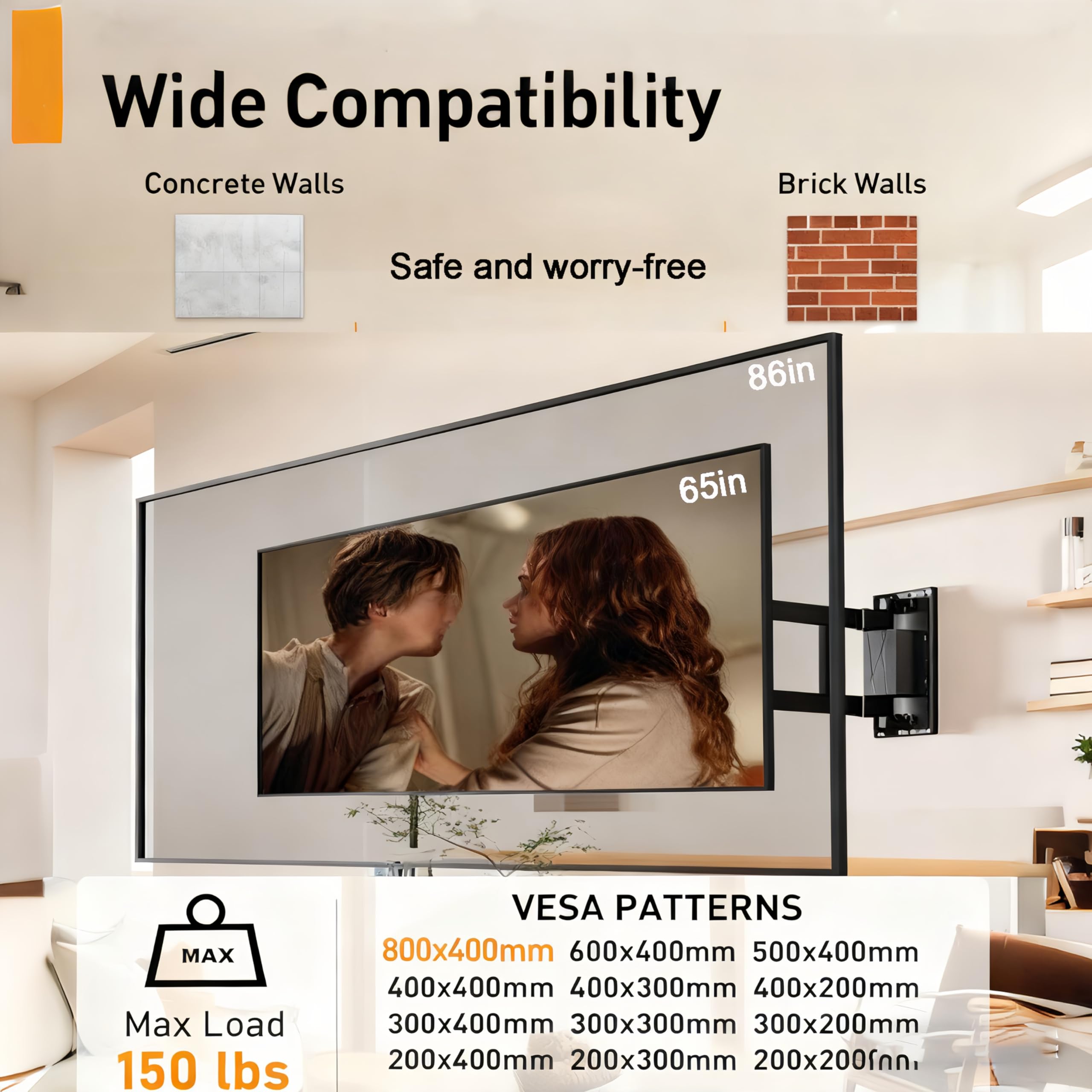 Supporto TV motorizzato con braccio pieghevole regolabile, intelligente, sottile, con rotazione di ±90°, supporto VESA fino a 750×600 per TV LCD, monitor, schermo, 65-86 pollici 80 kg (65-75in)