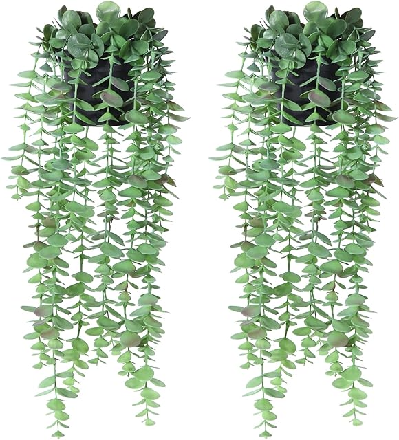 SOGUYI Artificial Hanging Plants, 45cm Small Fake Potted Hanging Eucalyptus Plants with 15 Vines, Faux Hanging Planter Greenery Indoor Outdoor for Shelf Wall Aesthetic Decor(Set of 2)
