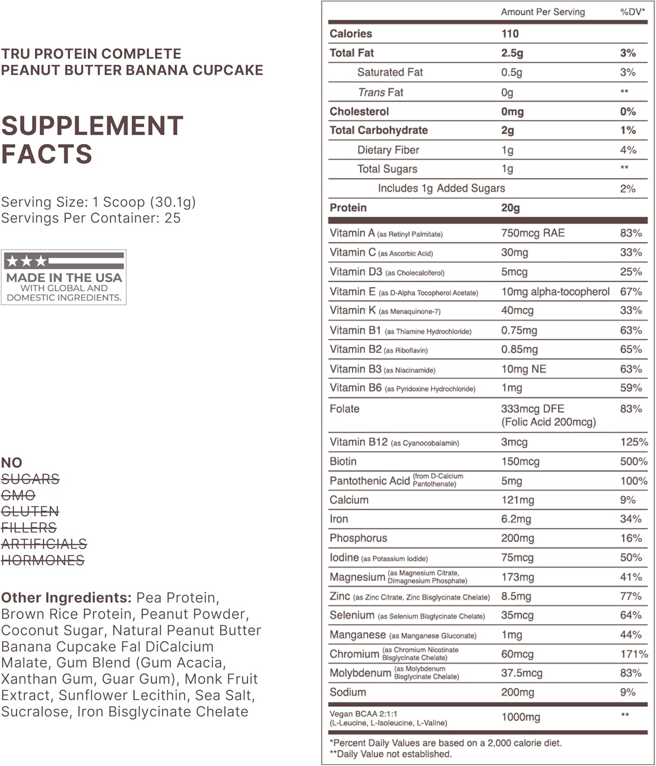 TRU Plant Based Protein Powder, BCAA, EAA, 20g Vegan Brown Rice & Pea Protein, 100 Calories, 27 Vitamins, No Artificial Flavors 25 Servings (Peanut Butter Banana Cupcake)