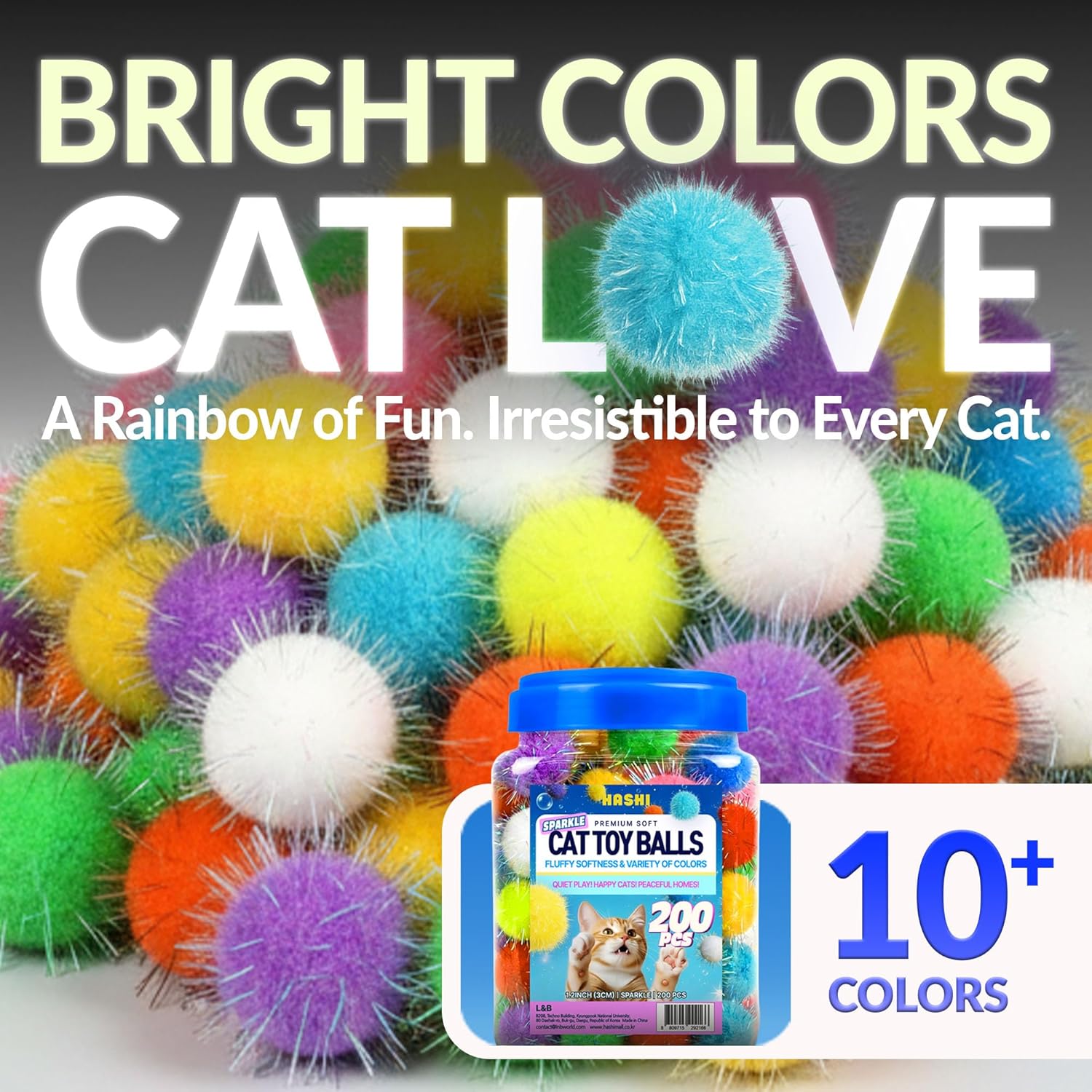 HA SHI [200pcs] Sparkle Cat Toy Balls - 1.2" Tinsel Glitter Pom Poms for Indoor Cats, Premium Soft Interactive Toys for Kittens, Quiet Night Play, Assorted Colorful Fuzzy Poms for Cats