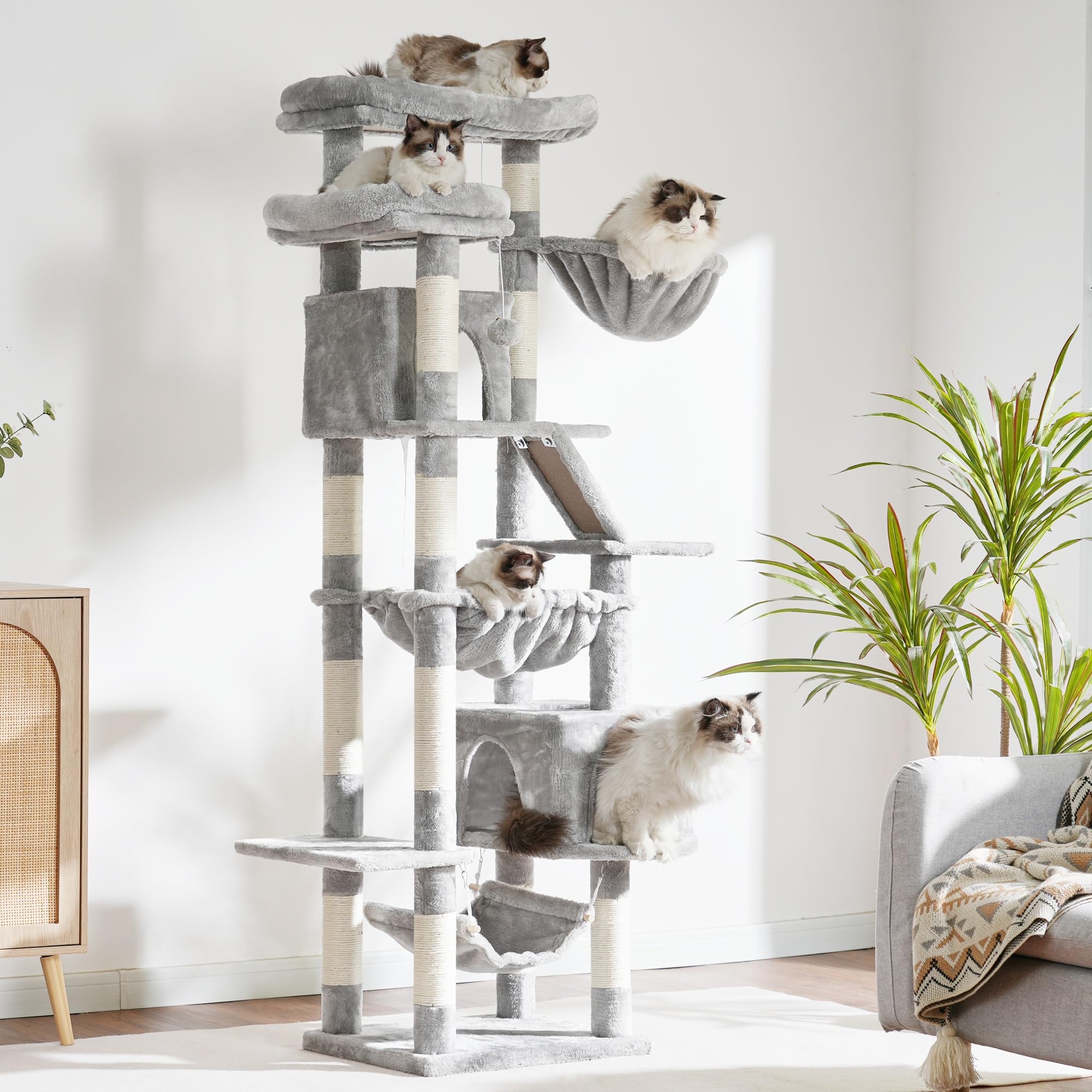 Heybly Rascador para Gatos, Torre De 180 cm, 2 Plataformas, 2 Cabañas, 2 Hamacas, Panel para Arañar. Gran Mueble para Gatos con Espacio De Dormir, Gris Claro HCT034W