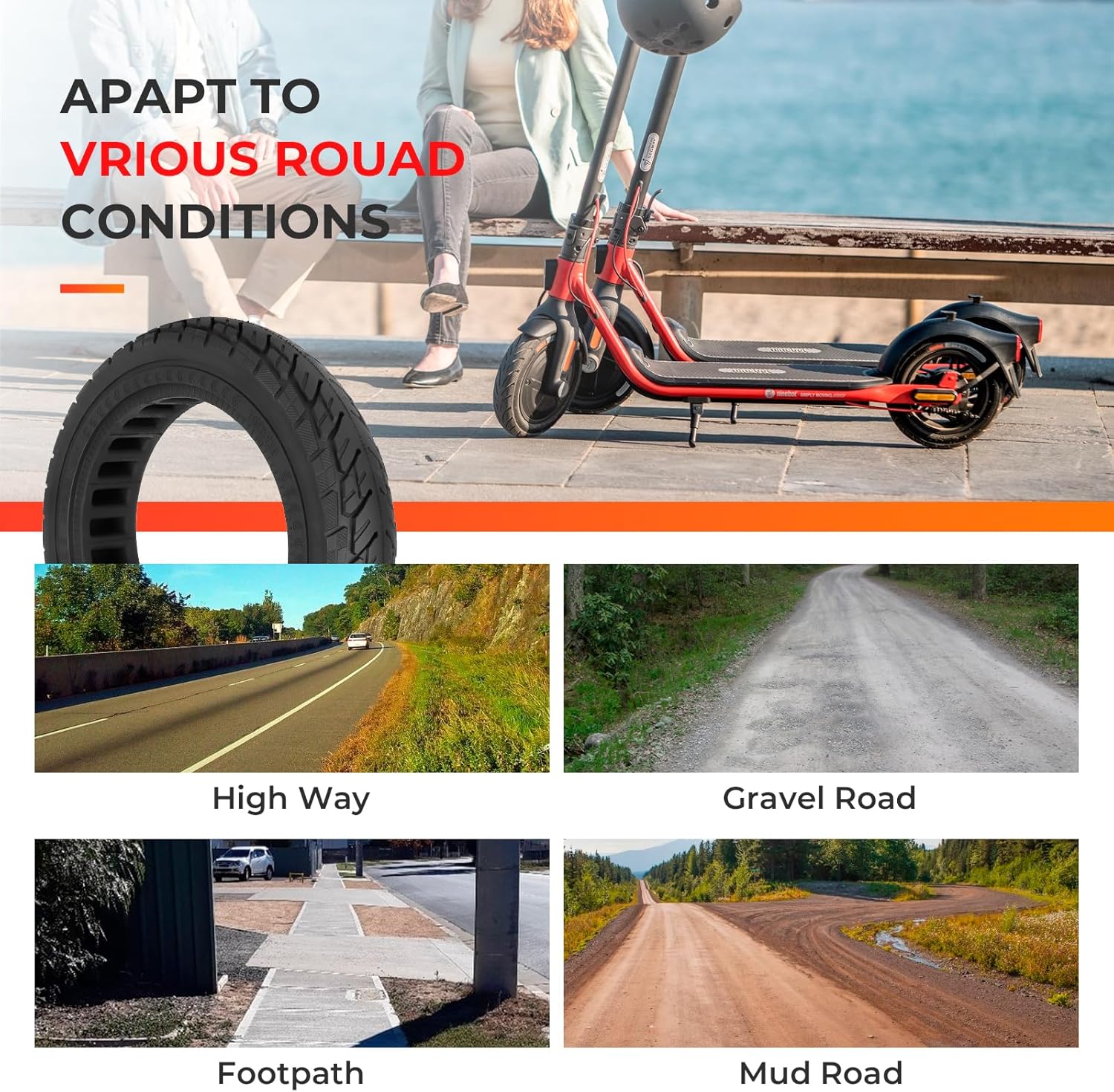 10x2.125 Scooter Tire, 10 inch Solid Tire, Tubeless Tyre for Segway Ninebot F20/F25/F30/F40/F65/D18W/D28U/D38U Electric Scooter Front or Rear Replacement Solid Rubber Tires (2Pcs)