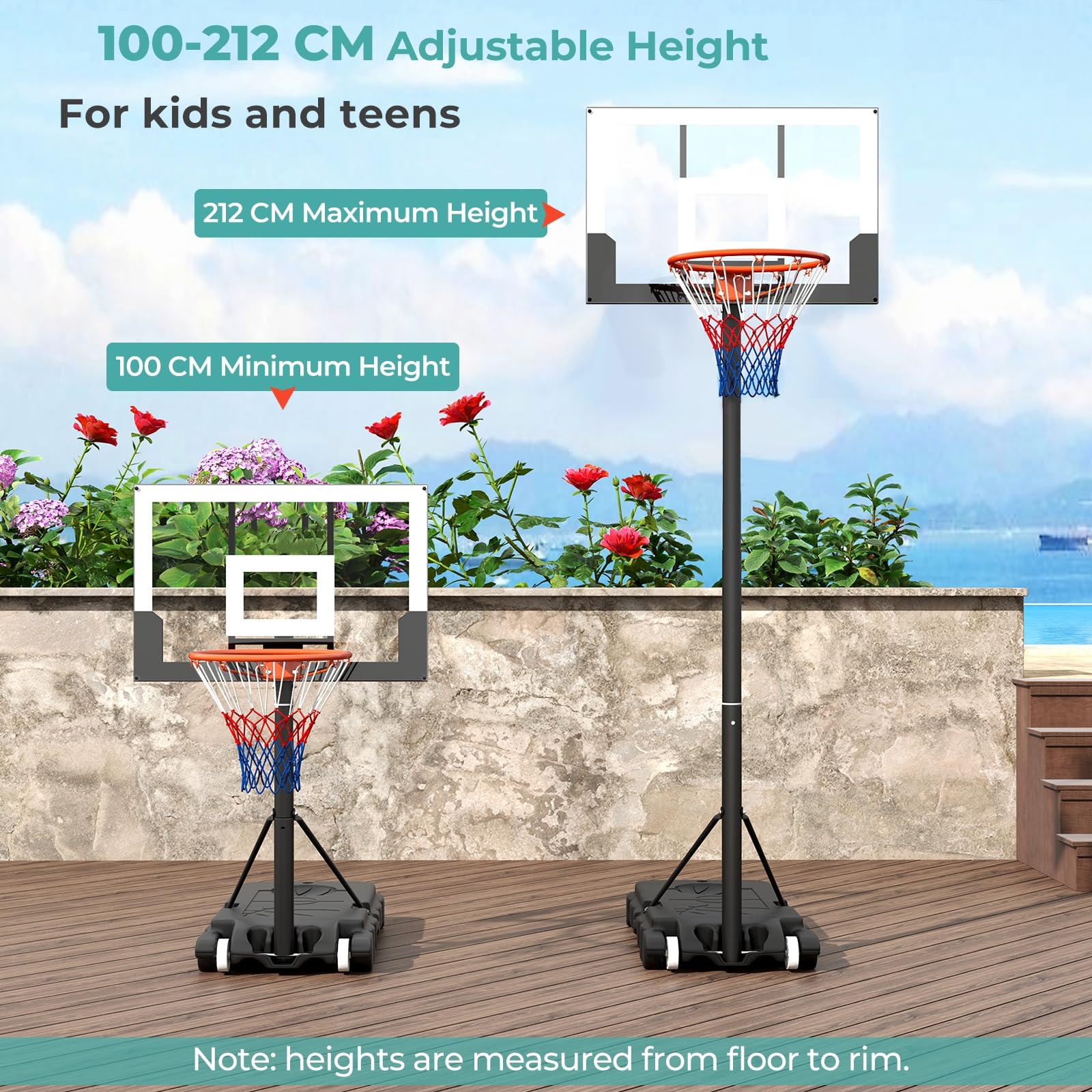 LIFEZEAL Kinder Basketballkorb Outdoor, Basketballständer mit verstellbar Höhen von 100cm bis 212 cm, Tragbare Korbanlage auf Rollständer