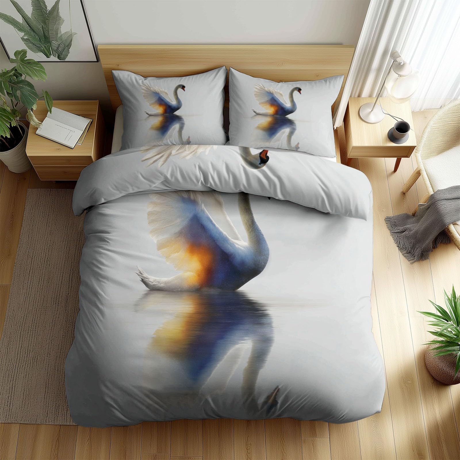 Pościel z mikrofibry fantastyczny styl łabędzia taniec, dwustronna poszwa na kołdrę 240 x 260 cm z 2 białymi poszewkami na poduszki 3 sztuki, dla dorosłych, dzieci, dziewcząt, chłopców