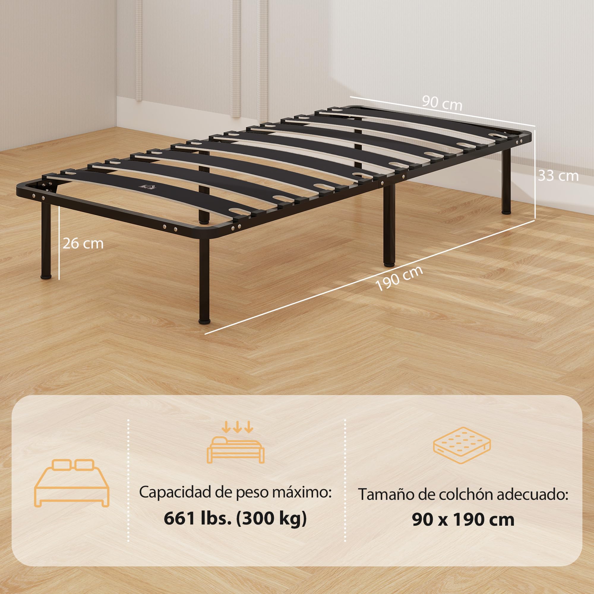 HOMCOM Somier 90x190 cm, Altura 26 cm, Estructura de Cama de Plataforma de Acero con Espacio de Almacenamiento Debajo y Láminas de Álamo, Fácil de Montar, Carga 300 kg, Negro