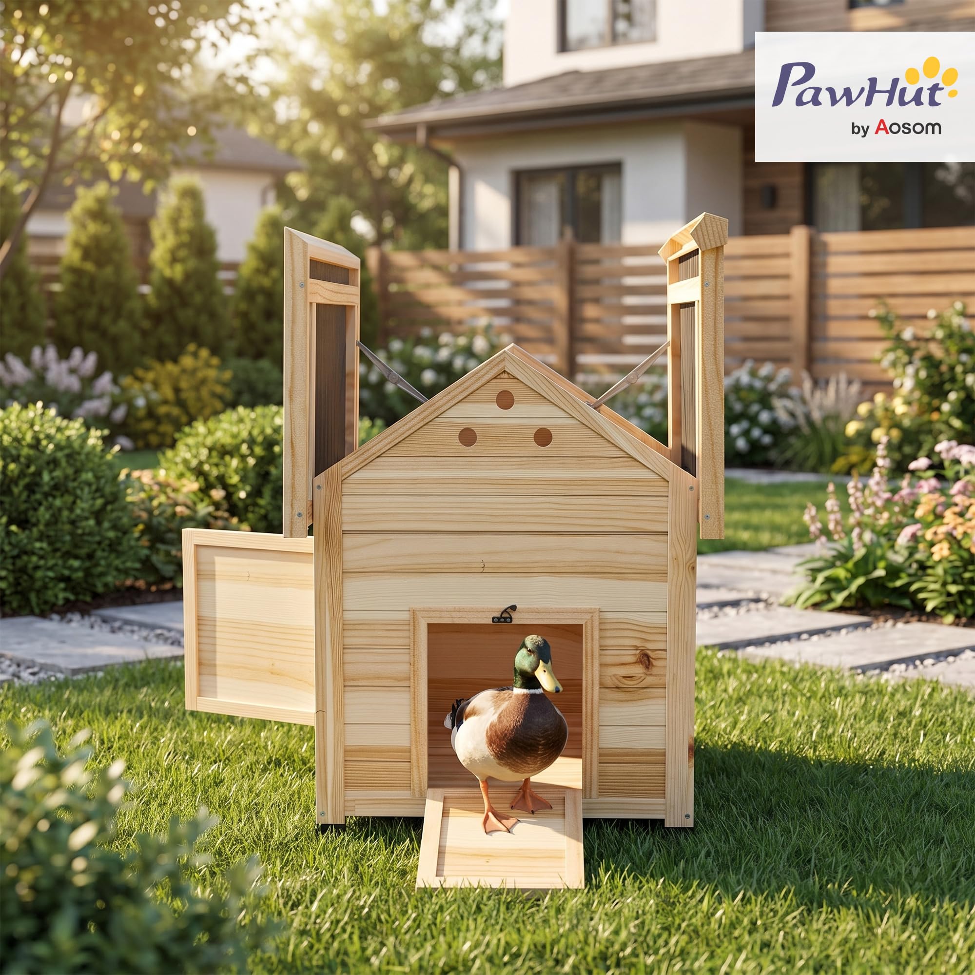 PawHut - Caseta para patos de madera, techo impermeable, 78 x 90 x 92 cm, madera natural | Para Patos y Gansos, Ventilación, Base Desmontable, Puerta Lateral, Gallinero