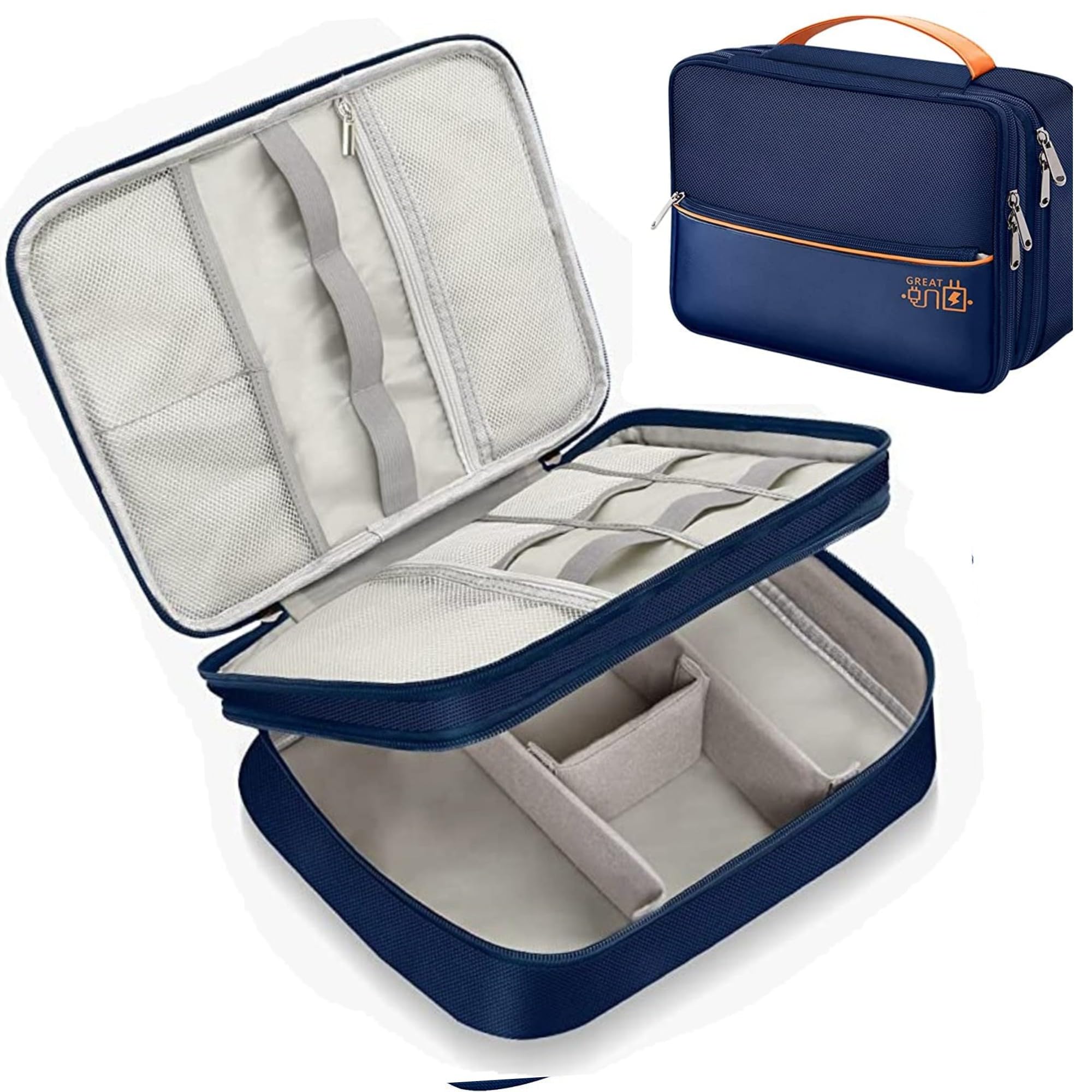 Seagull flight of fashion Double Layer Electronic Gadget Organizer Case, Cable Organizer Bag for Accessories with Mobile Stand - 27 X 20 X 9 cm - Navy Blue - Model 2