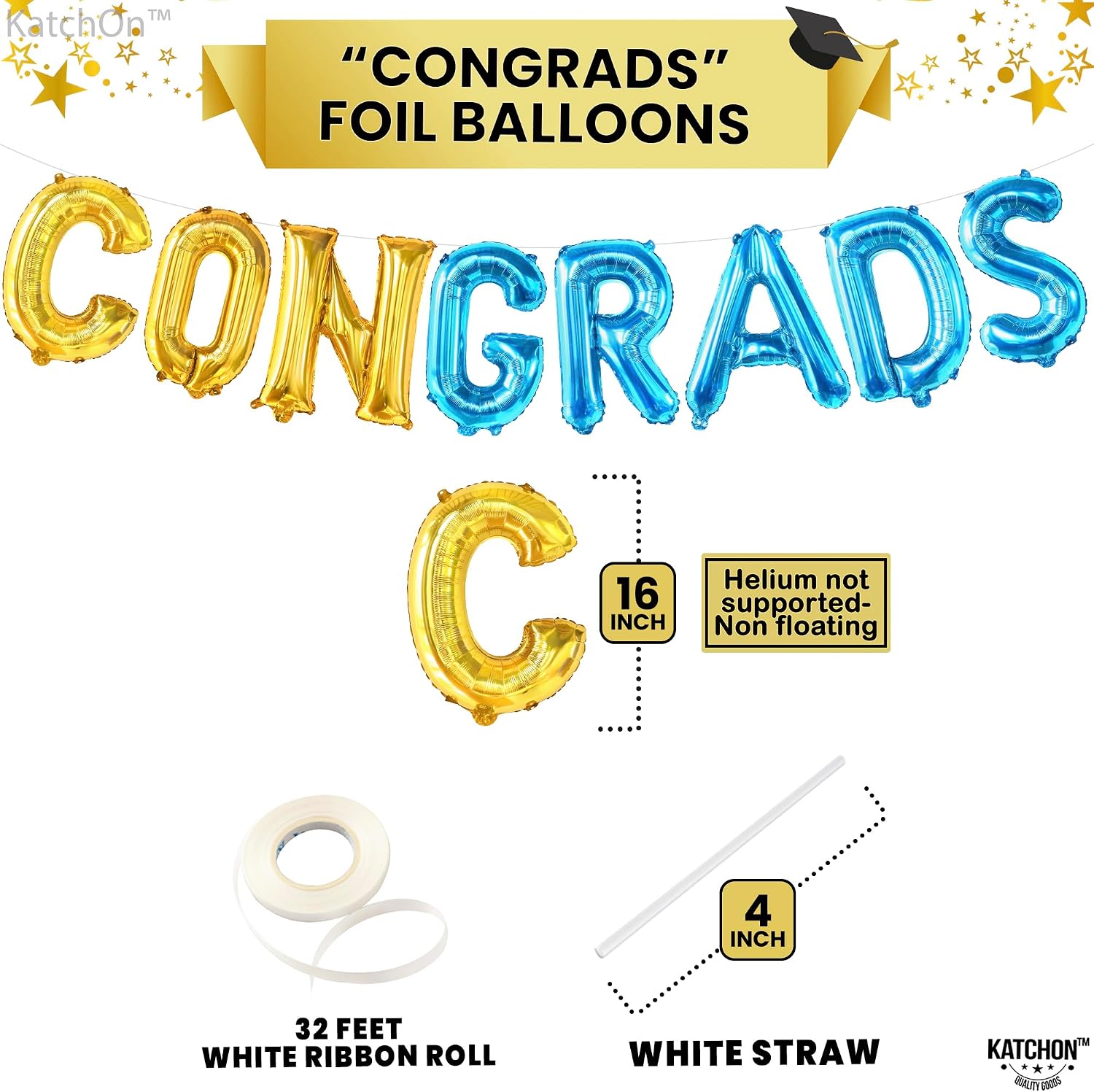 KatchOn, Blue and Gold Congrats Balloon - 16 Inch | Congrats Grad Balloons Foil for 2026 Graduation Party Decorations | Grad Balloons Banner, Blue and Gold Graduation Decorations 2026