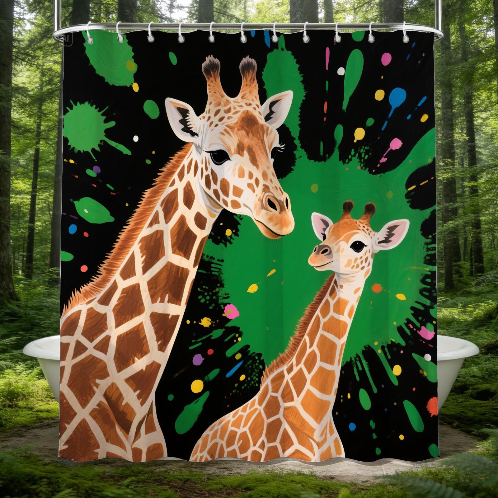 Hongduo 3D Giraffe Parent & Cub Shower Curtain for Stalls Bathtubs Africa Animal Bathroom Decor Shower Curtain Set Polyester Fabric Waterproof 200x200cm/79X79 Inch with Hooks