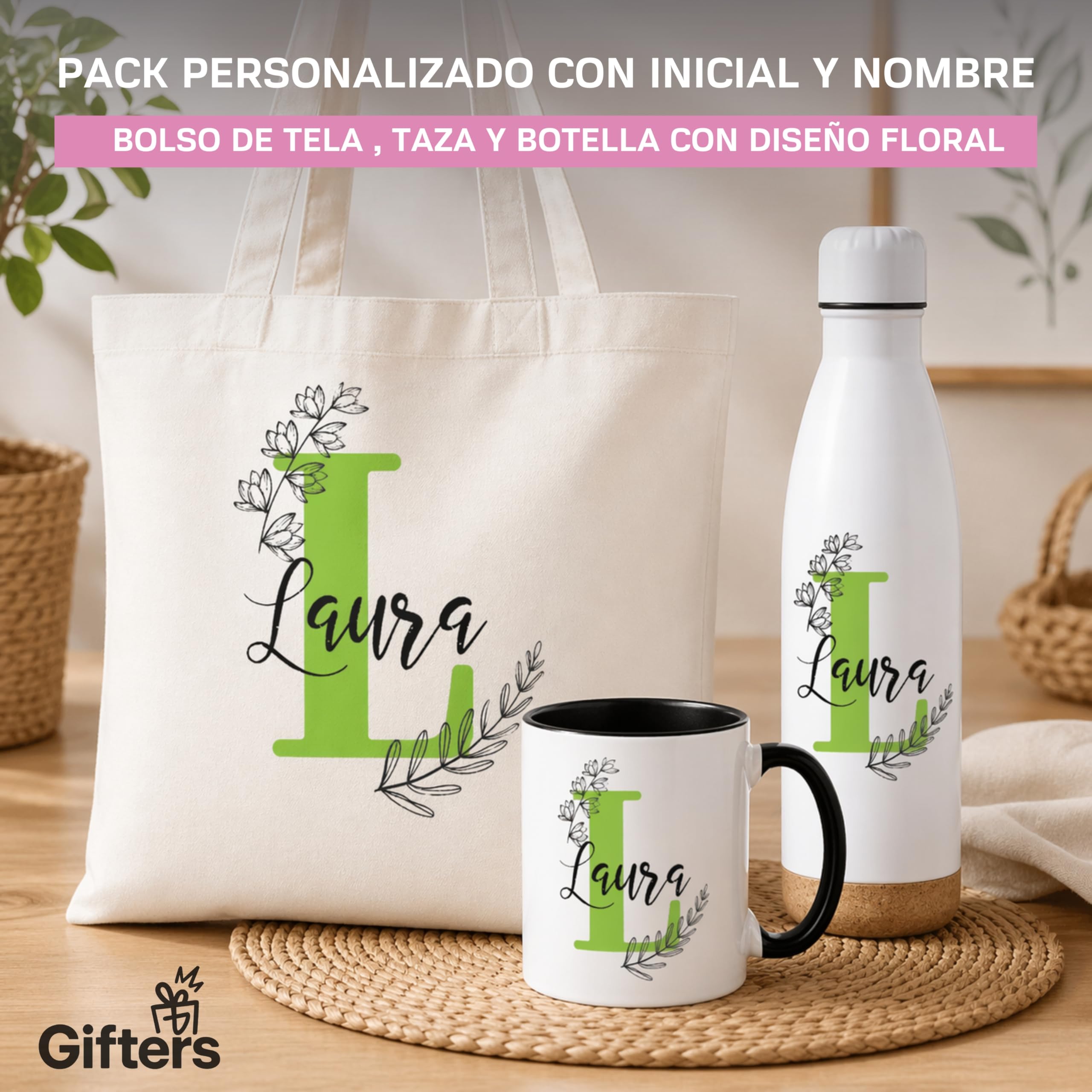 Gifters | Bolsa Tote, Taza 325ml y Botella Acero Inox 750ml | Diseño Floral con Inicial y Nombre | Shopper, Tote Bag con Cremallera | Pack Regalo Personalizado Original Mujer, Amiga, Niña o Madre