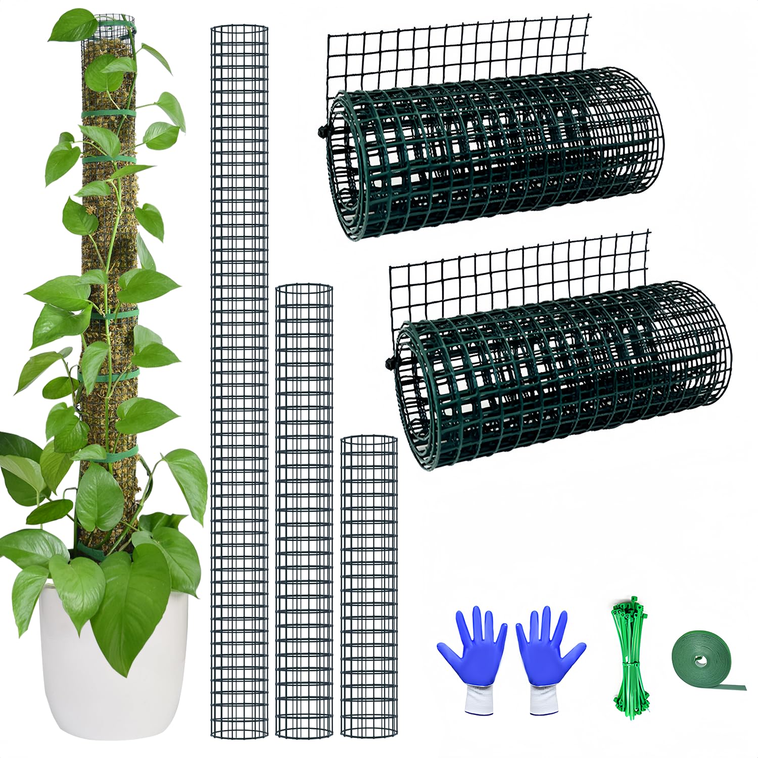 Kit de Bricolage de mât en Mousse métallique pour Plantes Monstera, 2 pièces en Maille métallique de 21 cm x 9 m avec Attaches autobloquantes, 4 poteaux en Mousse sphaigne de 50,8 cm (Grillage