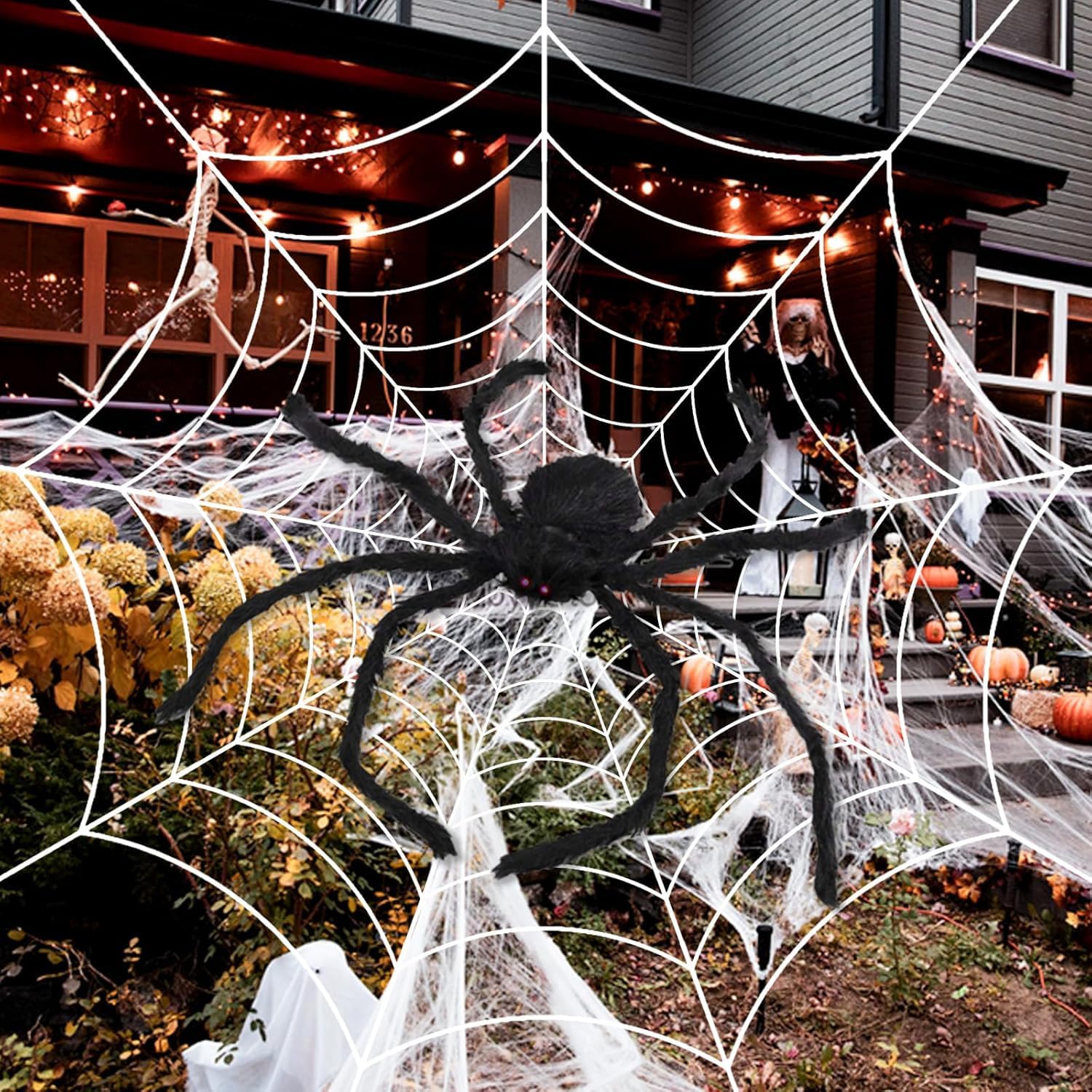 Halloween Decoration Outdoor, 1.25 m Large Spider + 3.6 m Round Spider Web Luminous - Image 4