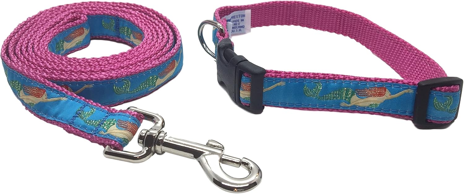 Preston Mermaid Dog Collar and Leash Set - Mermaid on Turquoise Blue Ribbon with Pink Nylon Webbing (Small)