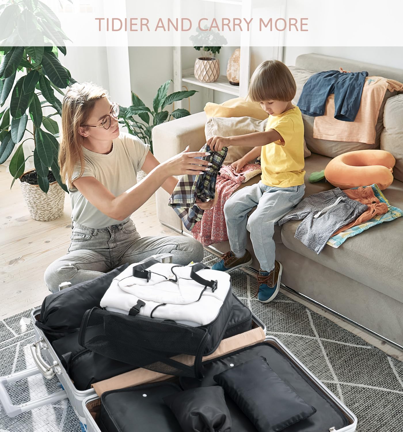 Meowoo Organizator Bagażu 8 w 1 Zestaw Organizator Walizek Bagażu Packing Cubes for Travel z Torbą na Buty, Czarny Organizer Podróży Jest Idealny do Przechowywania Akcesoriów Podczas Podróży