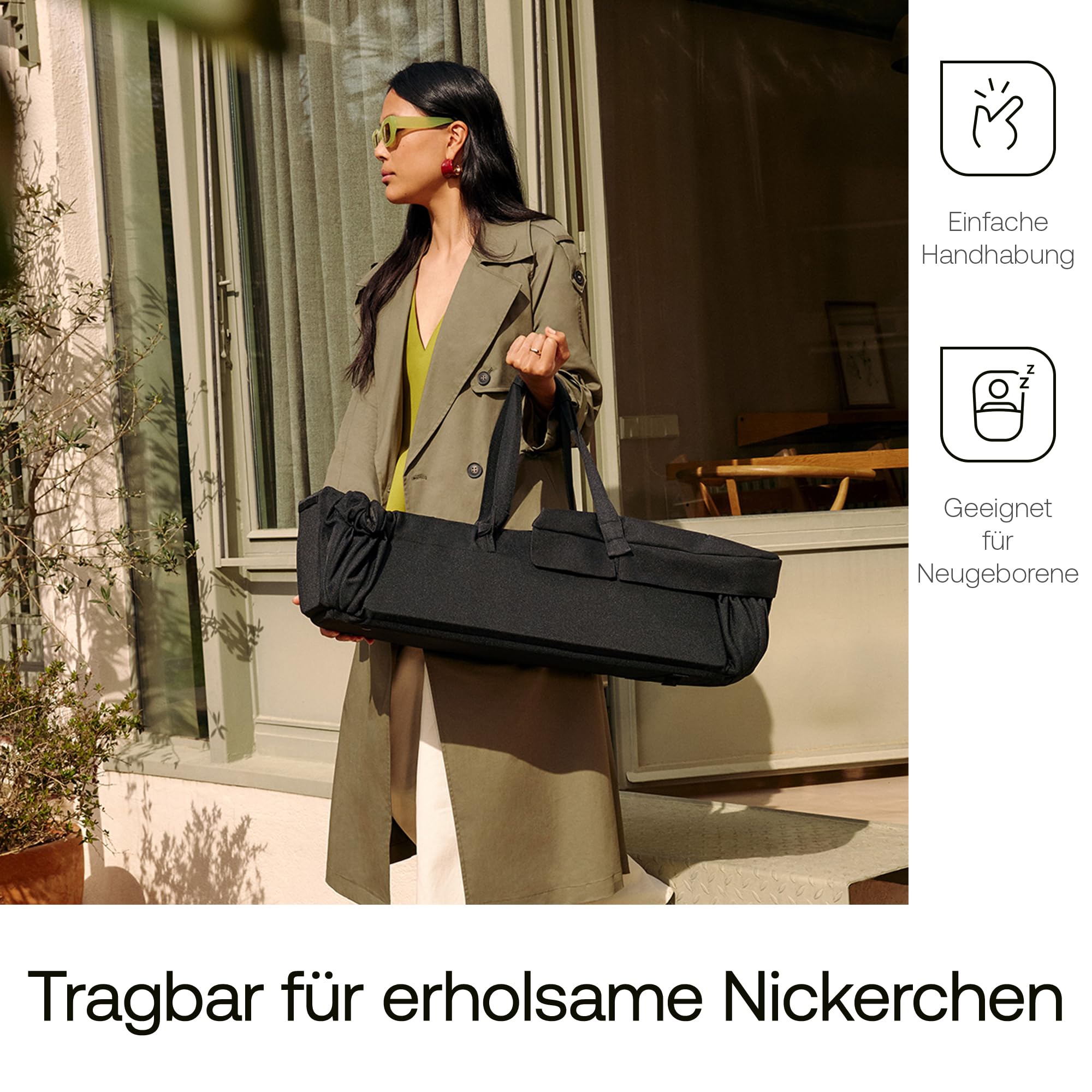 Bugaboo Babynest, tragbare Liegewanne mit Tragegurten | für alle Bugaboo Kinderwagen, entfalbar zu einer Baumwollmatratze & Spielmatte, flache Liegeeinheit ab Geburt Heritage Black