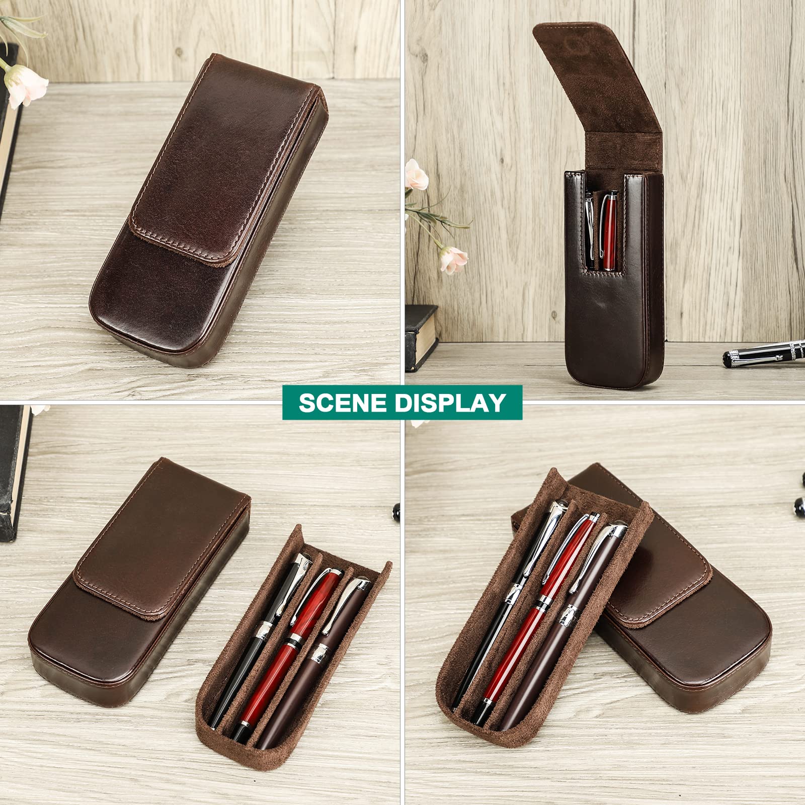 Hiram Leather Pen Box for 3 Pens Vegetable Tanned Leather Fountain Pen Storage Case with Hidden Magnetic Snap Closure and Pens Tray Design (Coffee) - Image 4