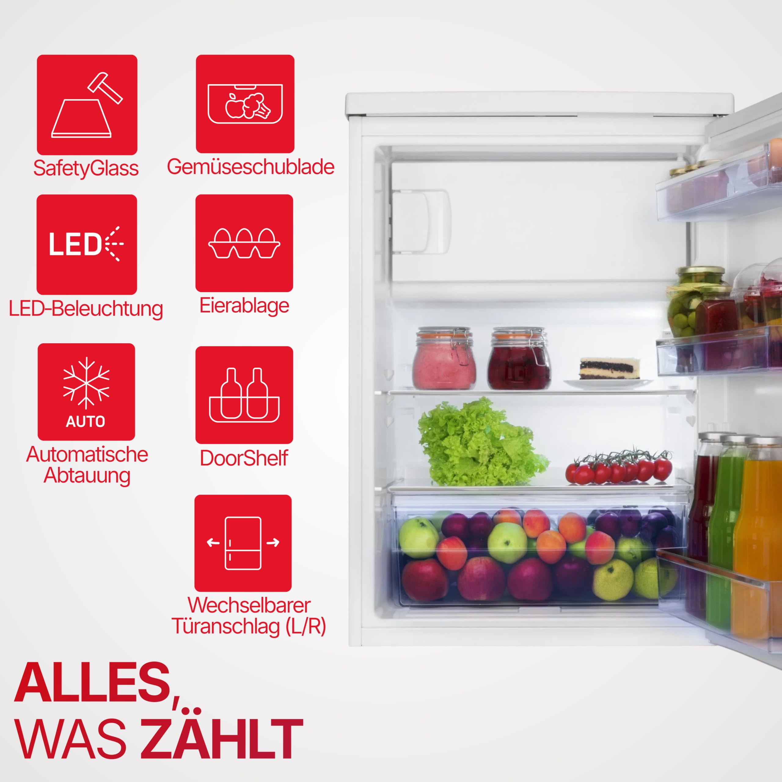 Amica Kühlschrank mit Gefrierfach 136 L 85x60x64,8 cm KS 15915 W | 117 L Kühlteil, 19 L Gefrierteil, LED Beleuchtung, Gemüseschublade, Wechselbarer Türanschlag, Glasablage