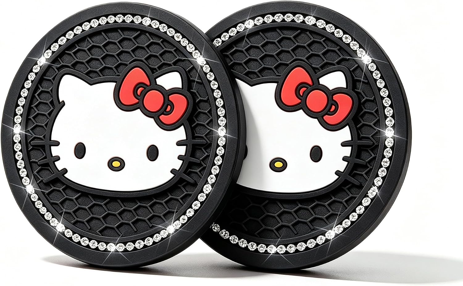 2PCS Cute Kitty Bling Rhinestone Car Cup Holder Coaster, Silicone Non‑Slip Cup Mat, Car Cup Pads, Universal 2.75 Inch Car Interior Decor Accessories for Women Girls, Black