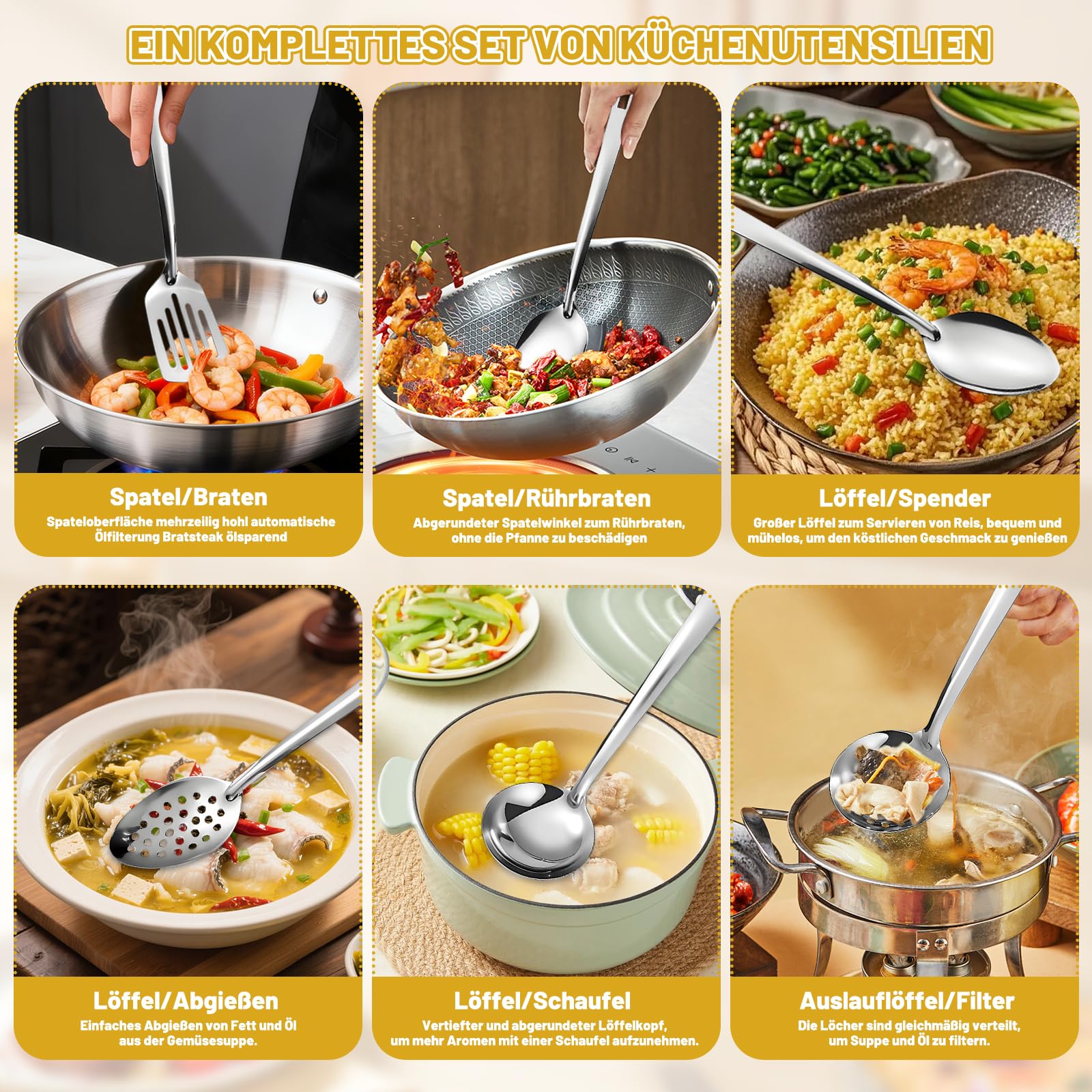 Juego de 9 utensilios de cocina de acero inoxidable – Herramientas de cocina con diseño de agujero colgante, utensilios de cocina, apto para lavavajillas, cucharón de acero inoxidable, espátula — view 4