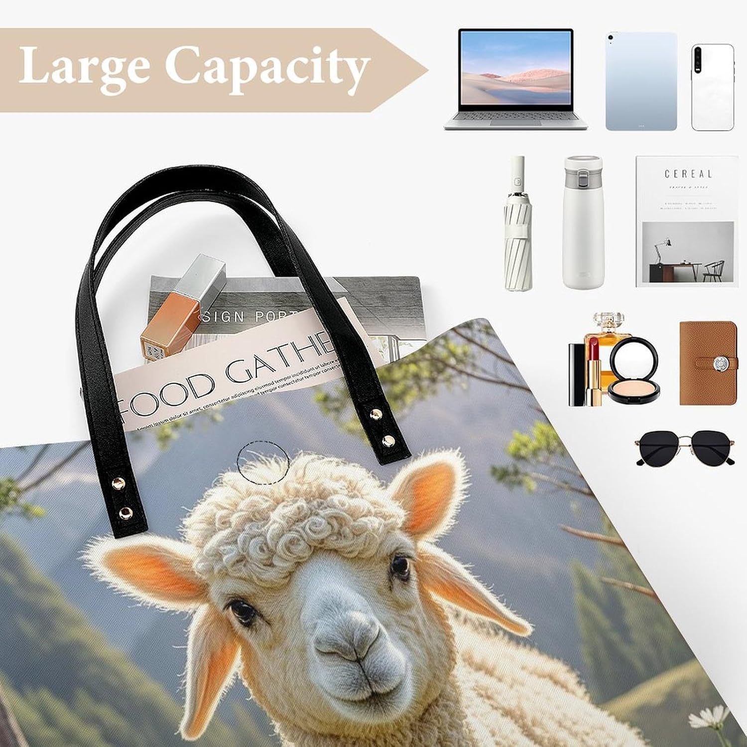 Lamb Tote Bag with Magnetic Buckle Reusable Grocery Bags Lightweight Cross Body Handbag for Daily Essentials