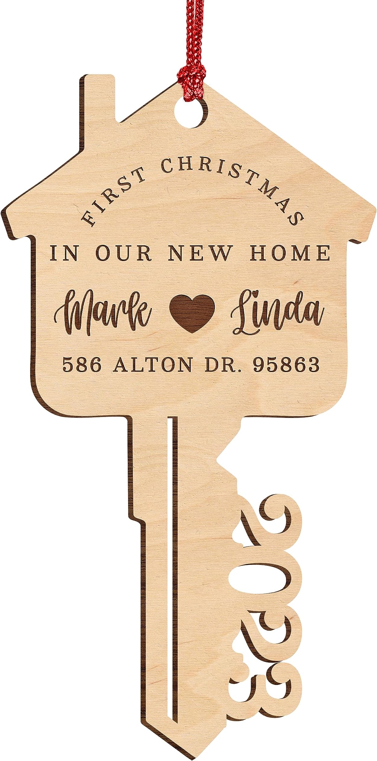 First Christmas in Our New Home, Personalized 2025 Key Christmas Ornament w/Your Address & Names, Custom Laser Engraved 4" Wood, 2025 Xmas Ornament
