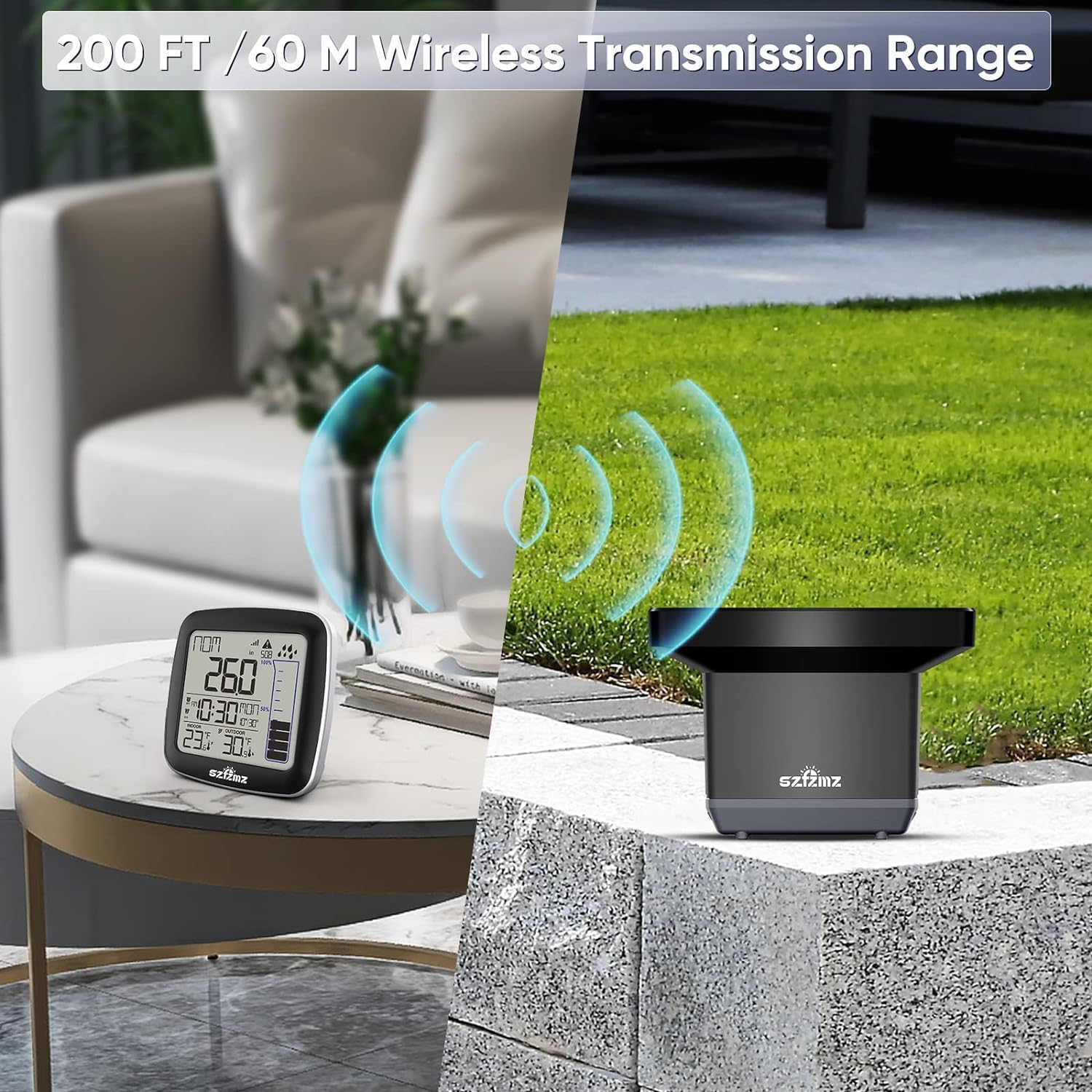 Wireless transmission range of 200 feet between indoor display and outdoor sensor