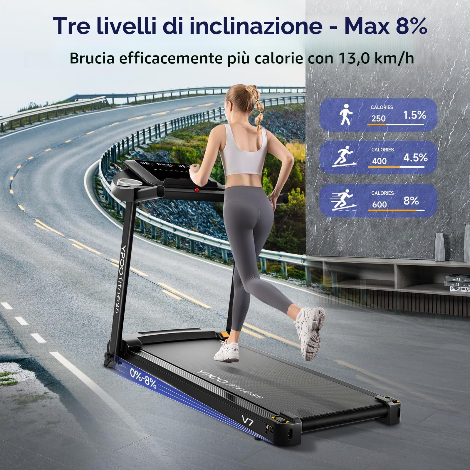 YPOO Tapis roulant per casa, tapis roulant pieghevole con inclinazione dell'8%, pedana per camminare 12 km/h, tapis roulant pieghevole a basso rumore con ampia area di corsa, capacità 140 kg
