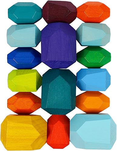 Miniatura 3 de 16 piezas de bloques apilables de madera para construir rocas, piedras de madera maciza de colores, juegos educativos preescolares, juguetes
