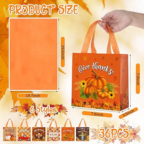 Miniatura 2 de Sweetude Paquete de 36 bolsas de mano no tejidas de Acción de Gracias a granel, bolsas de regalo reutilizables de otoño, bolsas de calabaza pavo,