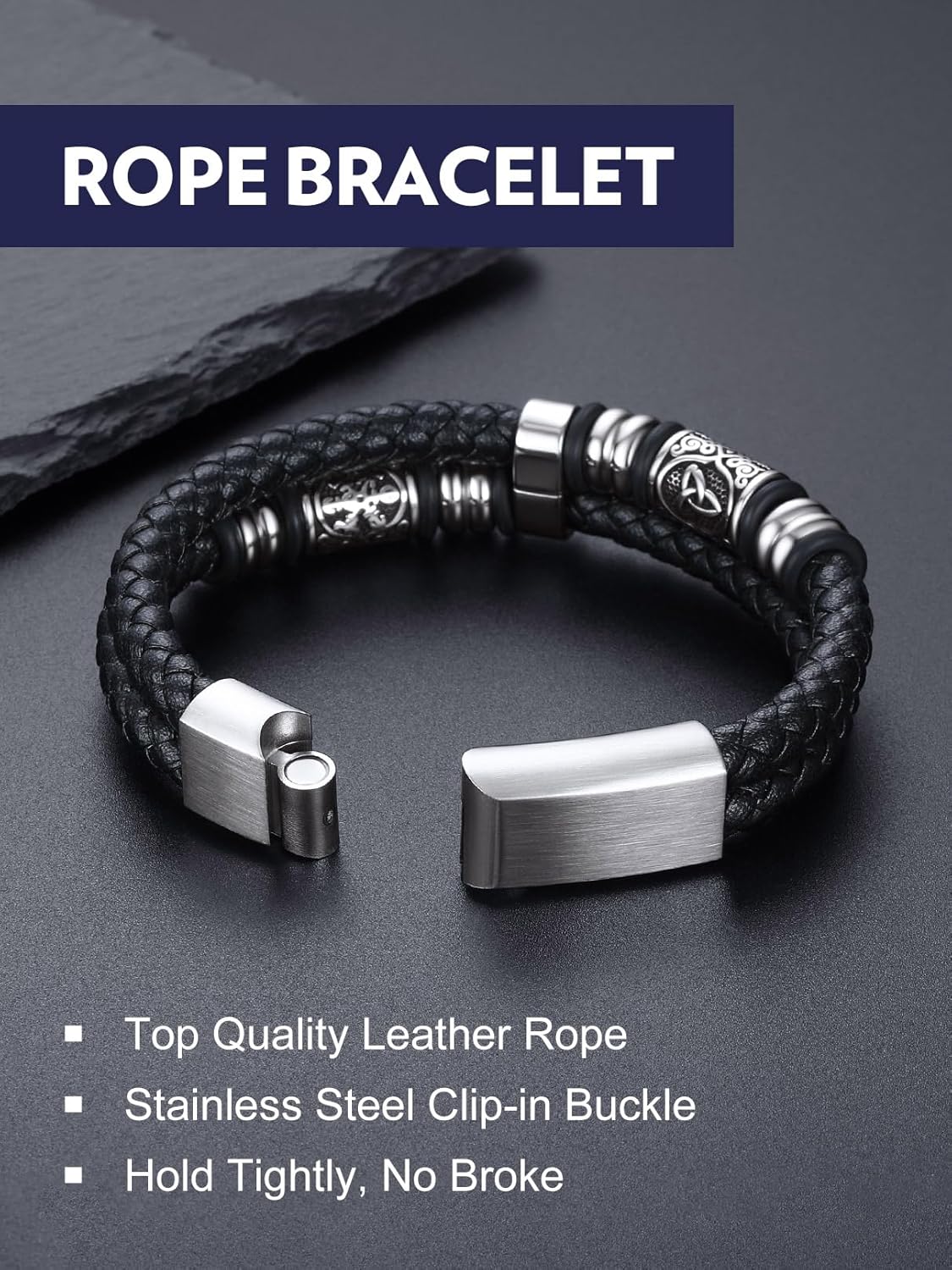 Bandmax Celtic Knot Beads Cuff Bracelets for Men Waterproof Durable Braided Wax Rope Bracelet Wristband 7-9 Inch Gift for Son Husband Grandson Father - Image 3