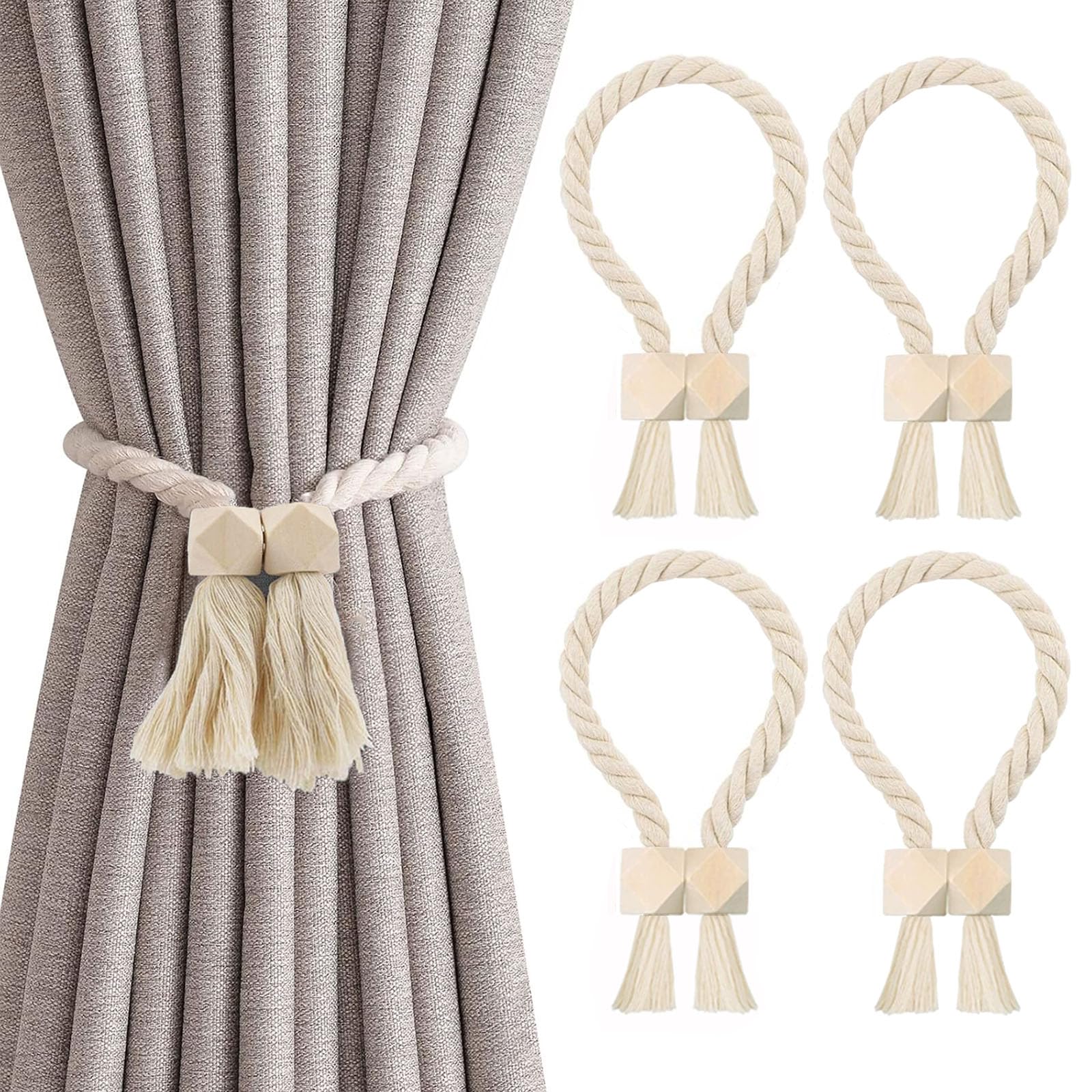2 Stück Magnetische Vorhang Raffhalter, Gardinenhalter Raffhalter aus Holz Boho, Handgewebt Gardinen Raffhalter, Vorhanghalter, Raffhalter Magnetisch, Baumwollseil für Home Büro Gardinen Deko (Beige)