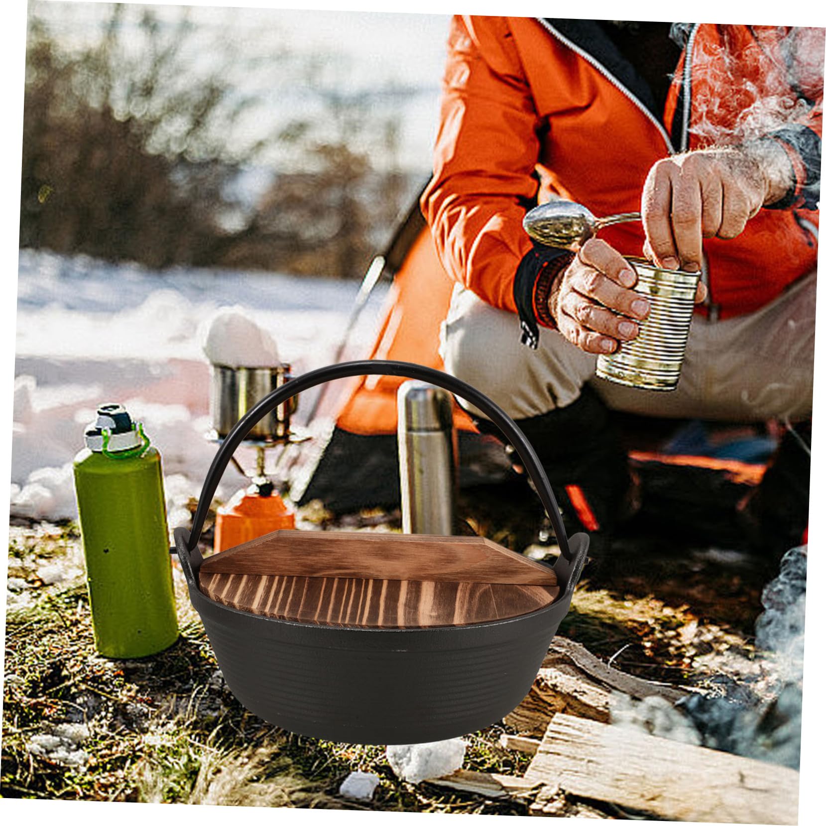Olla de Hierro Fundido Japonesa para Camping con Tapa Potente Distribución de Diseño Colgante para Ahorro de Espacio para Guisos y Estofados al Aire