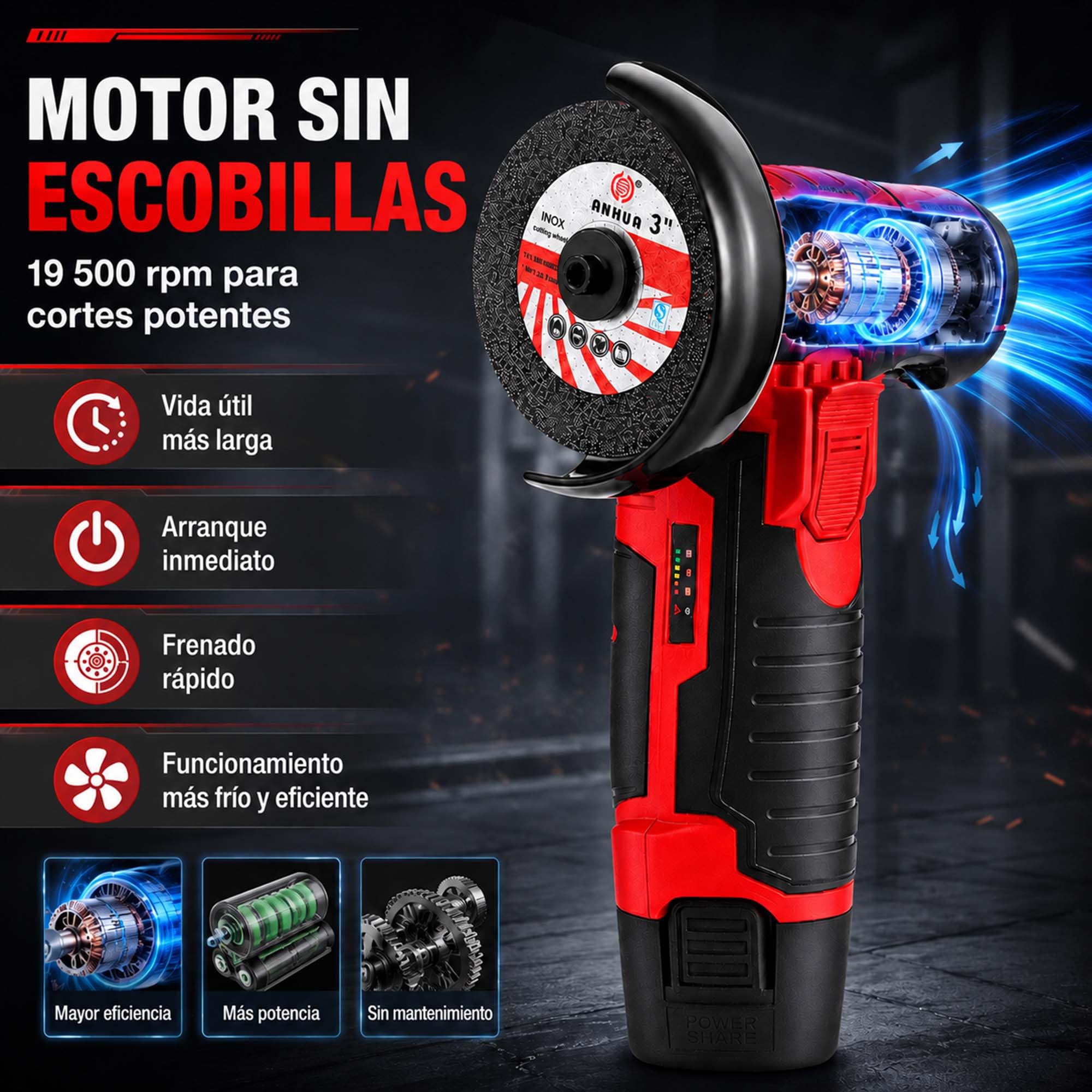 Mini amoladora angular con batería, 12 V, 76 mm (3 pulgadas) sin escobillas